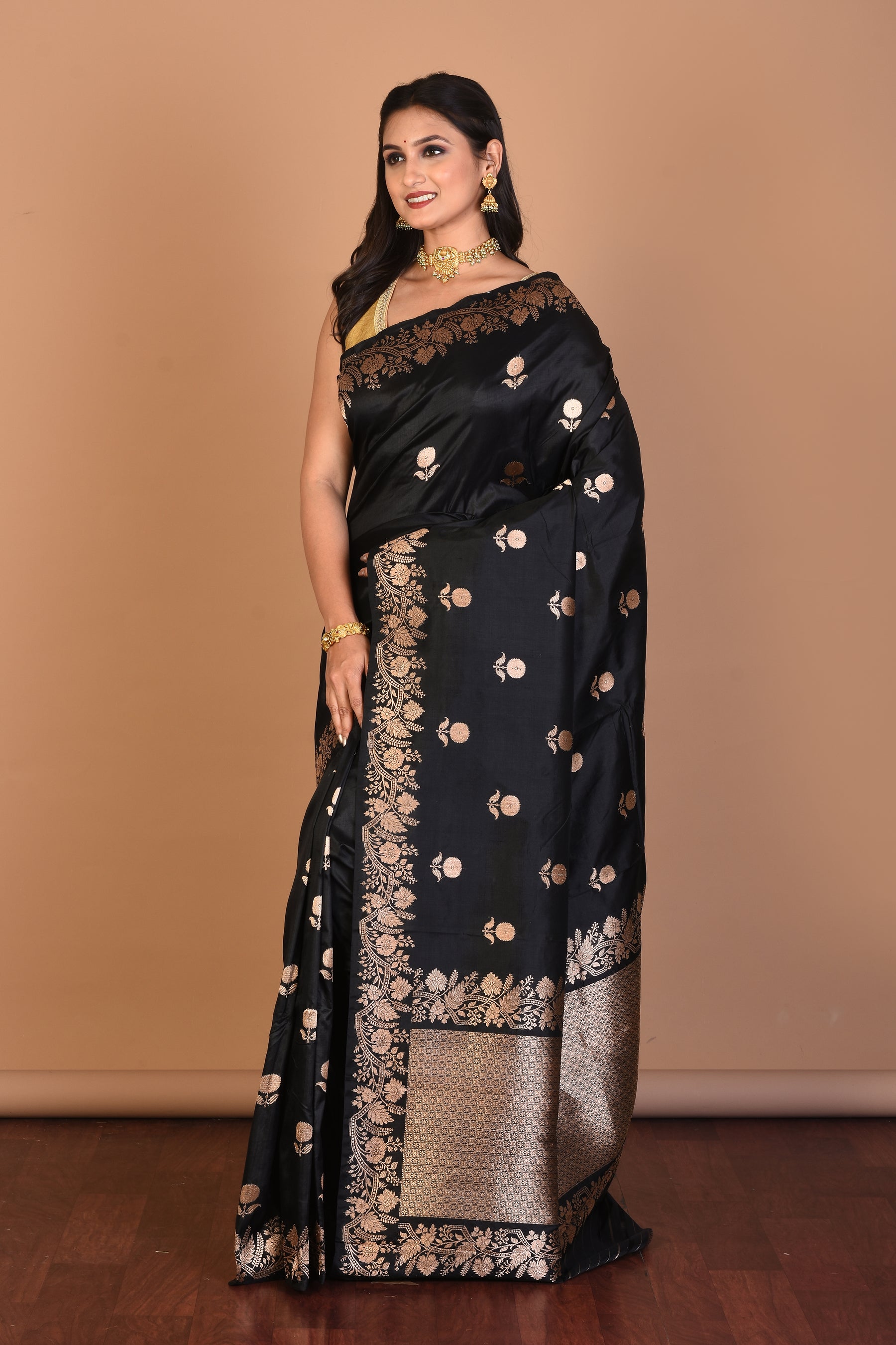 Black Pure Katan Silk Saree with Blouse Piece - Keya Seth Exclusive