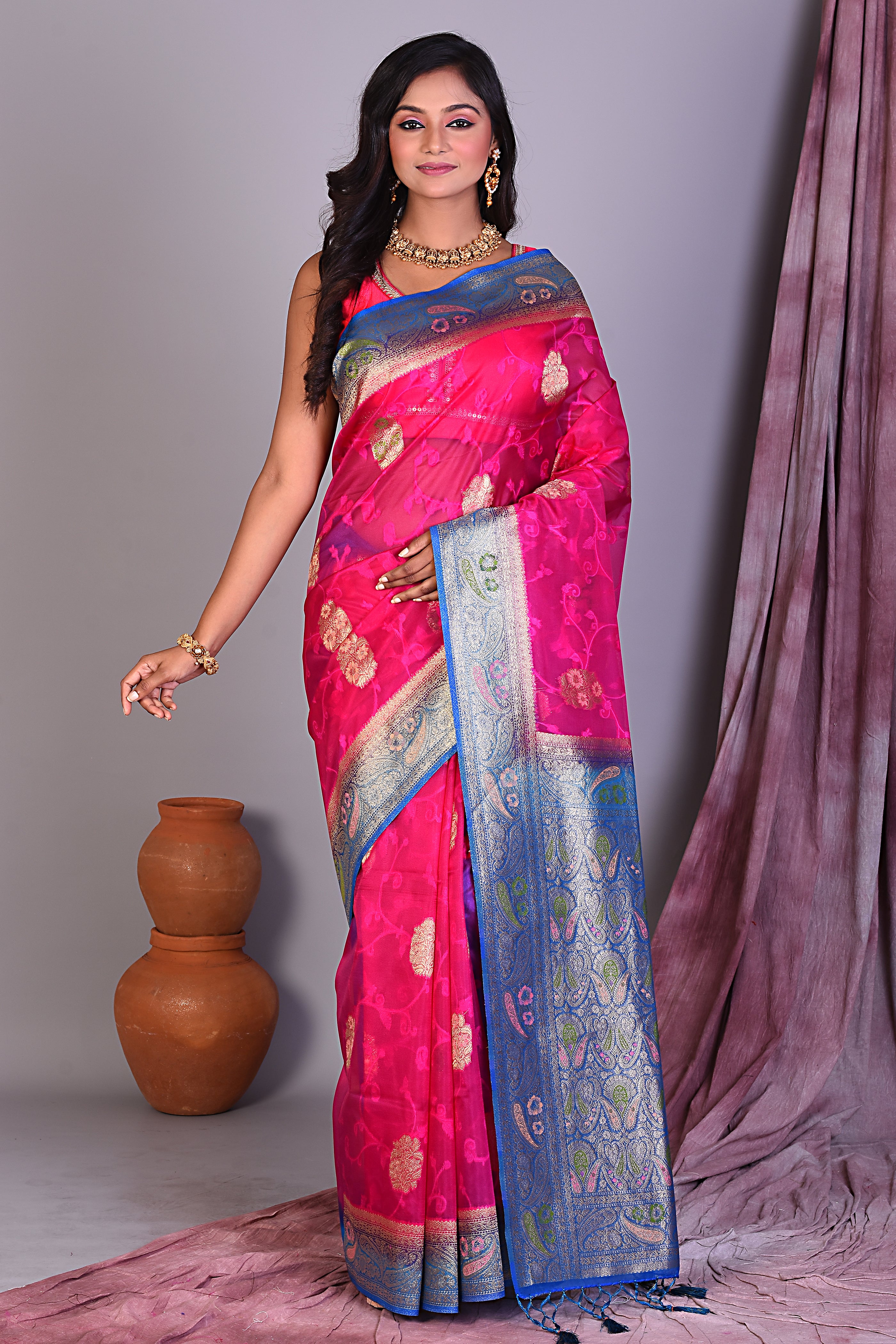 Magenta Blended Organza Saree with Blue Borders - Keya Seth Exclusive