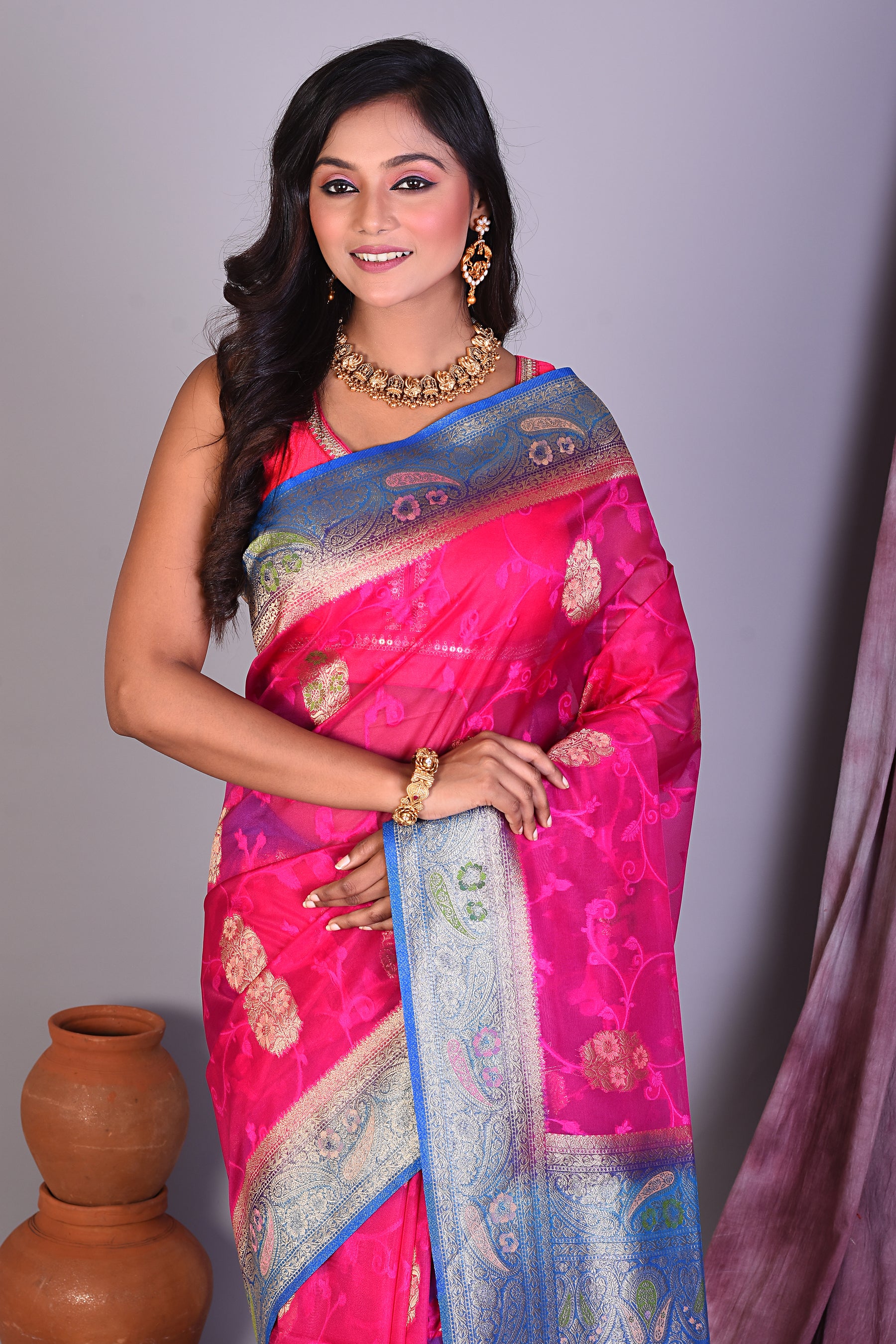 Magenta Blended Organza Saree with Blue Borders - Keya Seth Exclusive