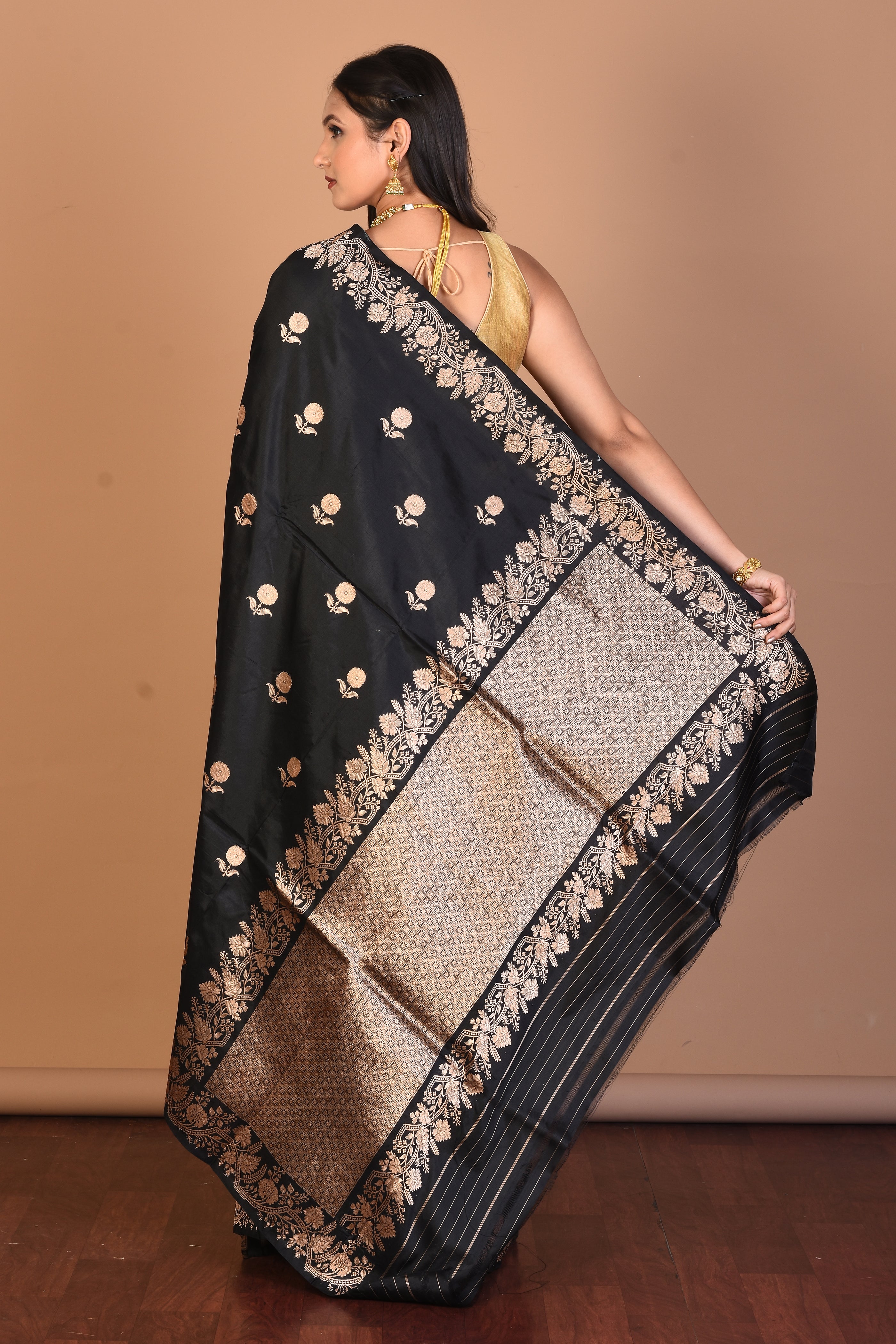 Black Pure Katan Silk Saree with Blouse Piece - Keya Seth Exclusive