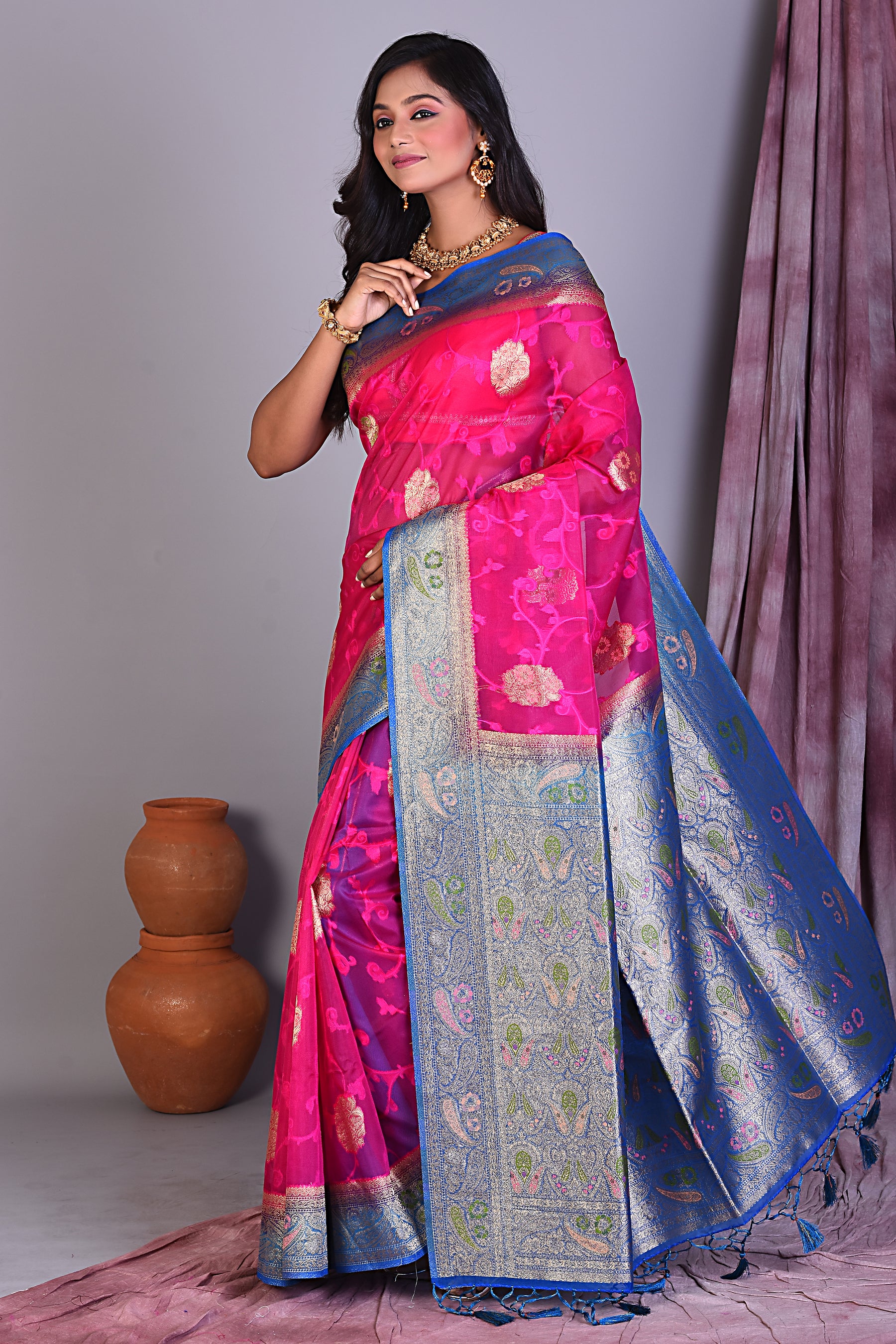 Magenta Blended Organza Saree with Blue Borders - Keya Seth Exclusive