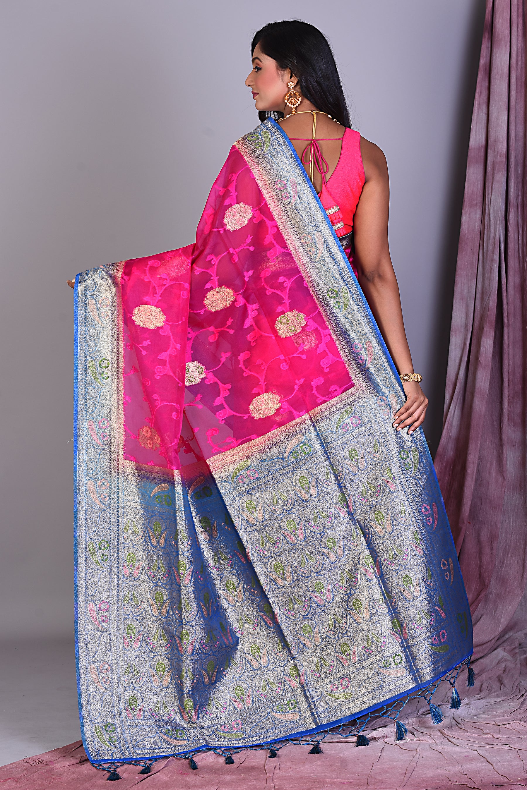 Magenta Blended Organza Saree with Blue Borders - Keya Seth Exclusive