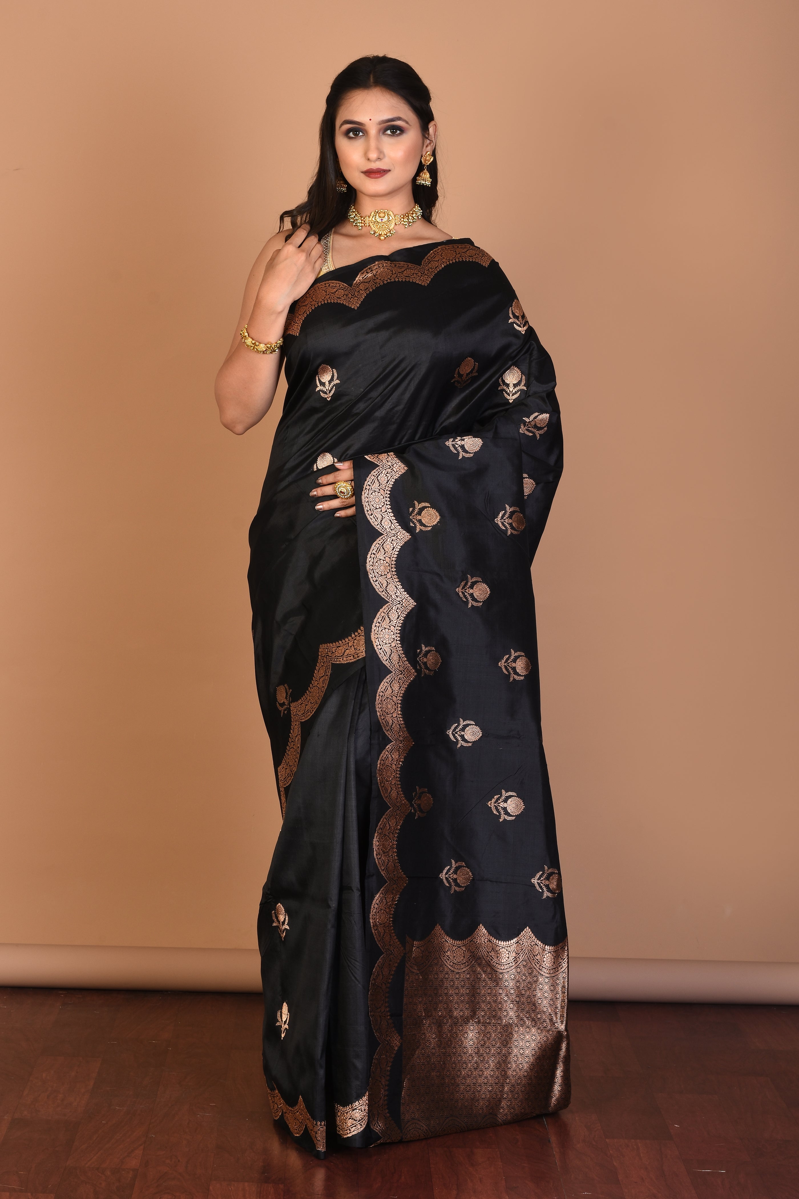 Black Pure Katan Silk Saree with Blouse Piece - Keya Seth Exclusive