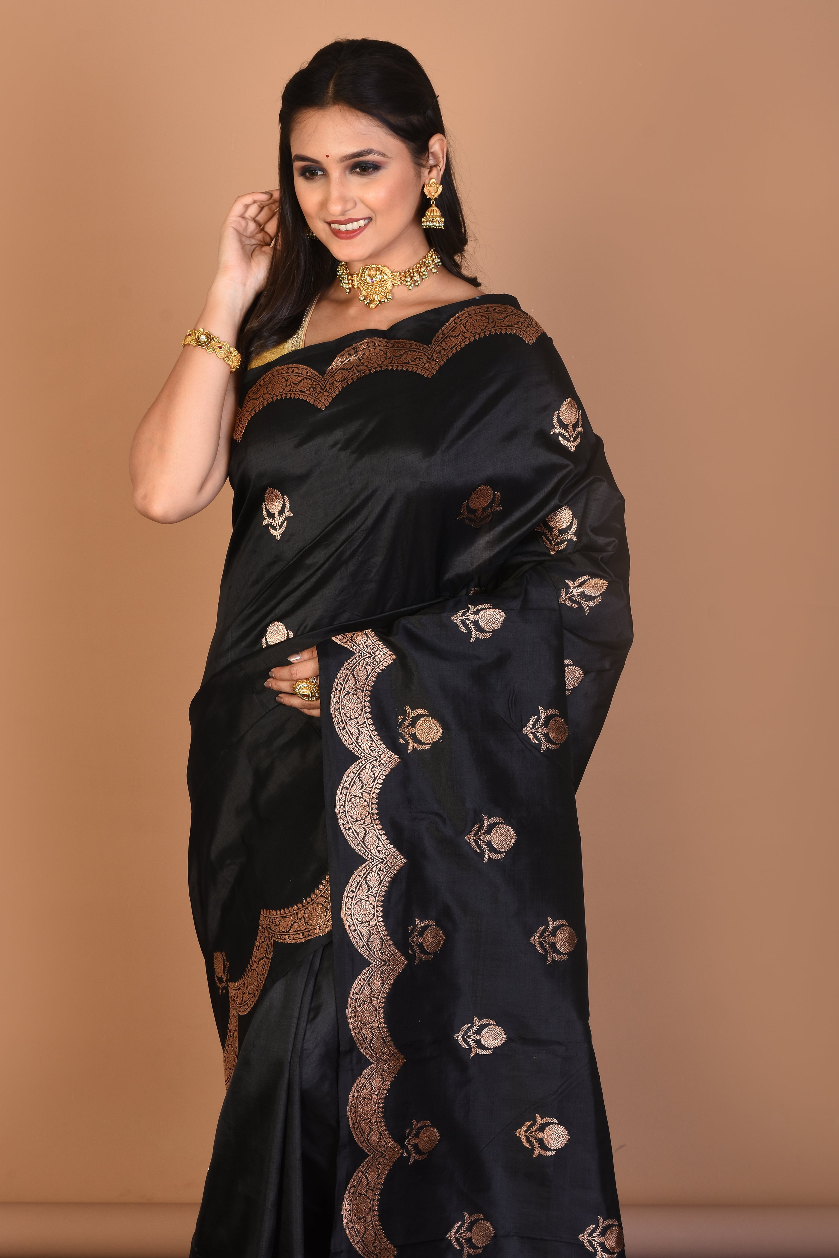 Black Pure Katan Silk Saree with Blouse Piece - Keya Seth Exclusive