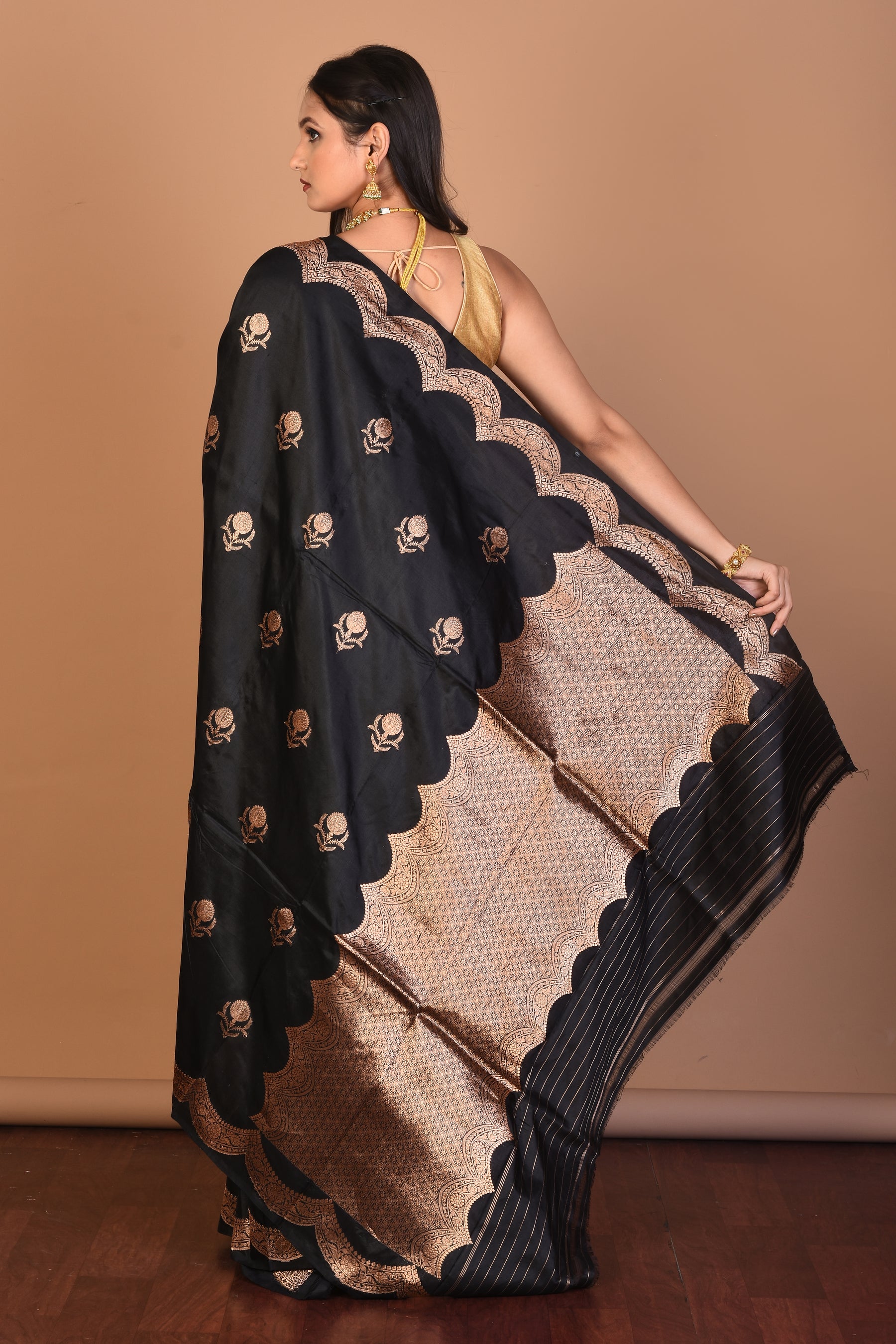 Black Pure Katan Silk Saree with Blouse Piece - Keya Seth Exclusive