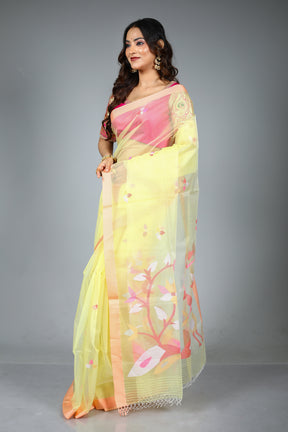 Lemon Yellow Pure Muslin Saree