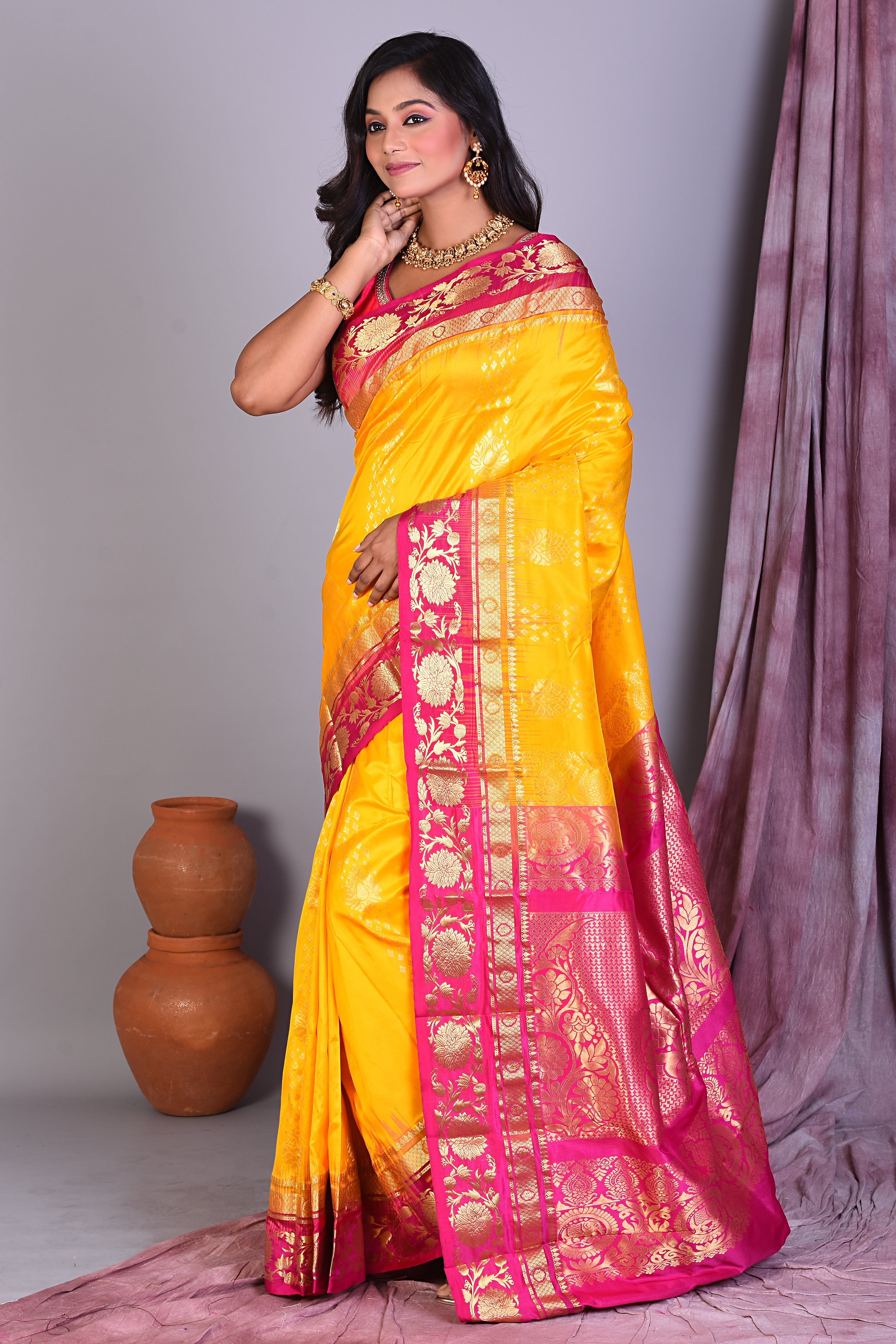 Yellow Pure Kanjivaram Saree with Rani Borders - Keya Seth Exclusive