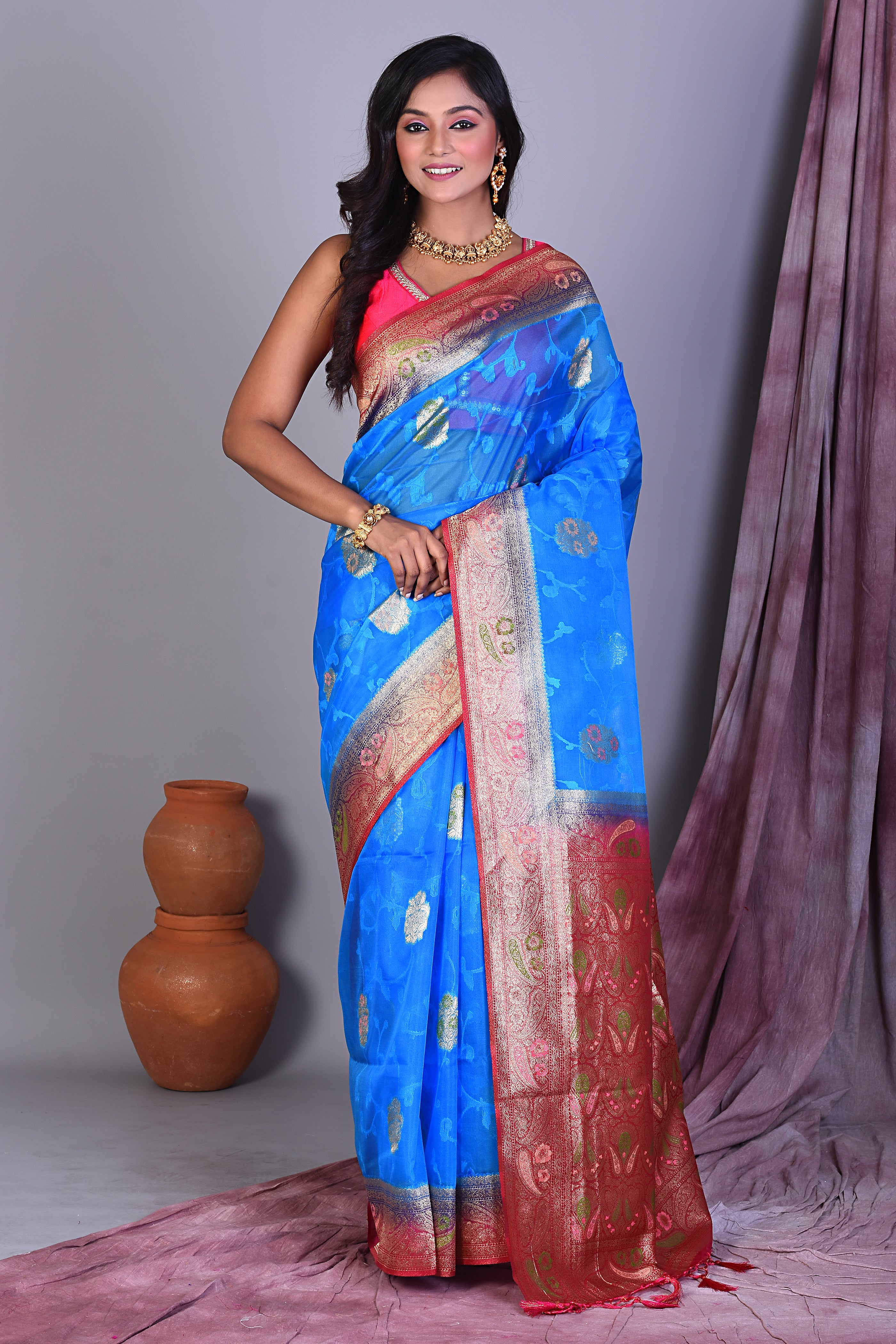 Blue Blended Organza Saree with Pink Borders - Keya Seth Exclusive