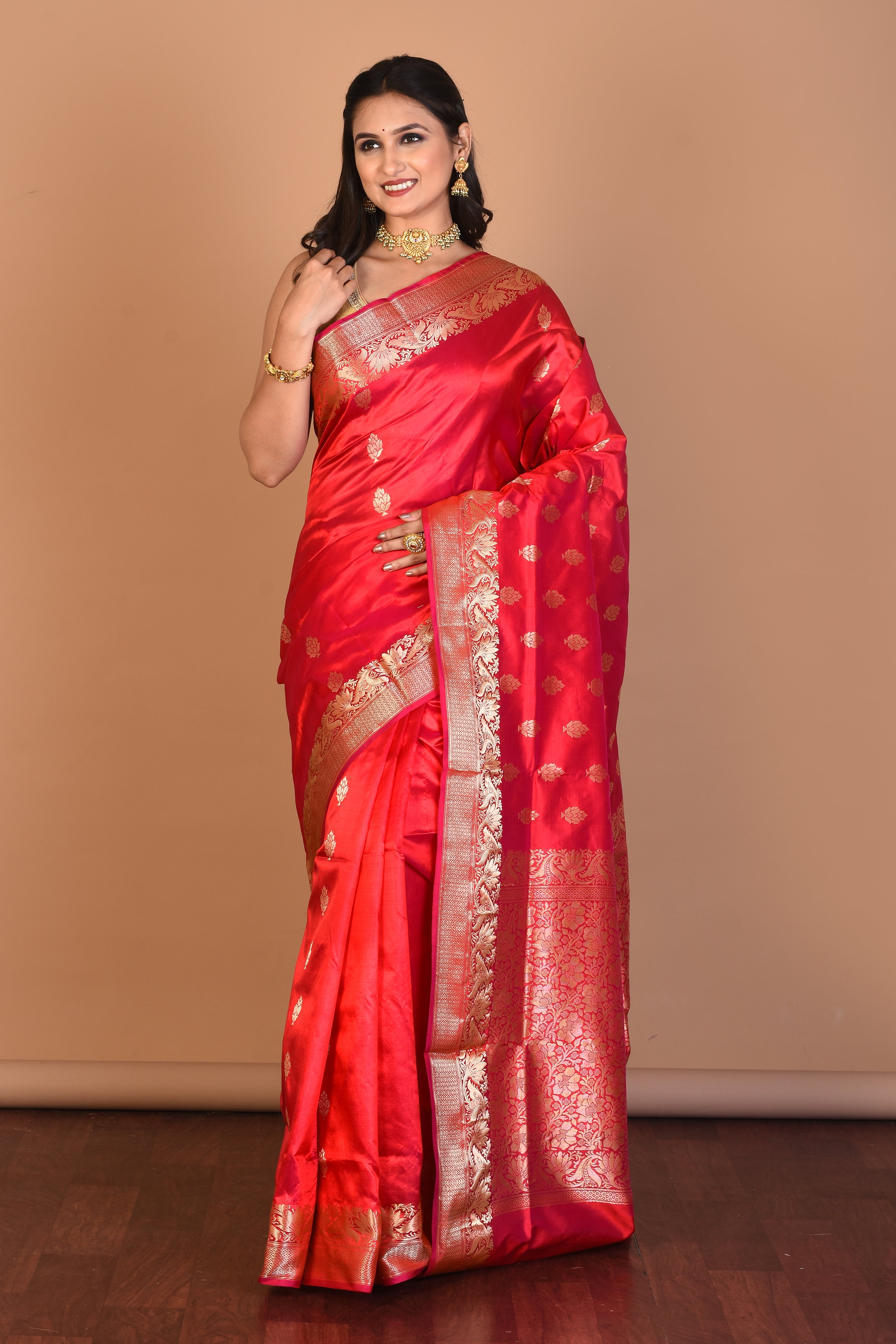 Red Pure Katan Silk Saree with Blouse Piece - Keya Seth Exclusive