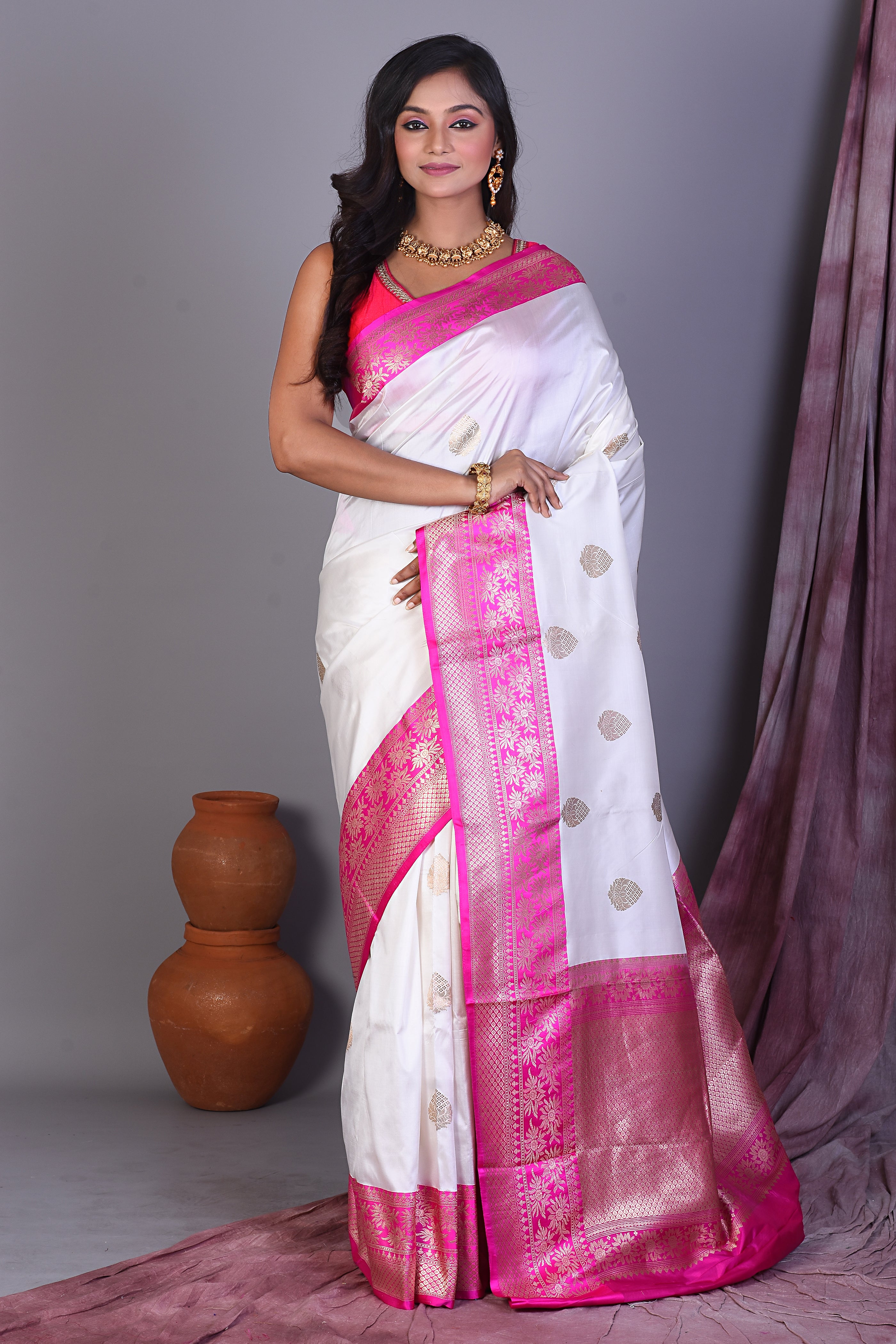 White Pure Katan Saree with Rani Borders - Keya Seth Exclusive