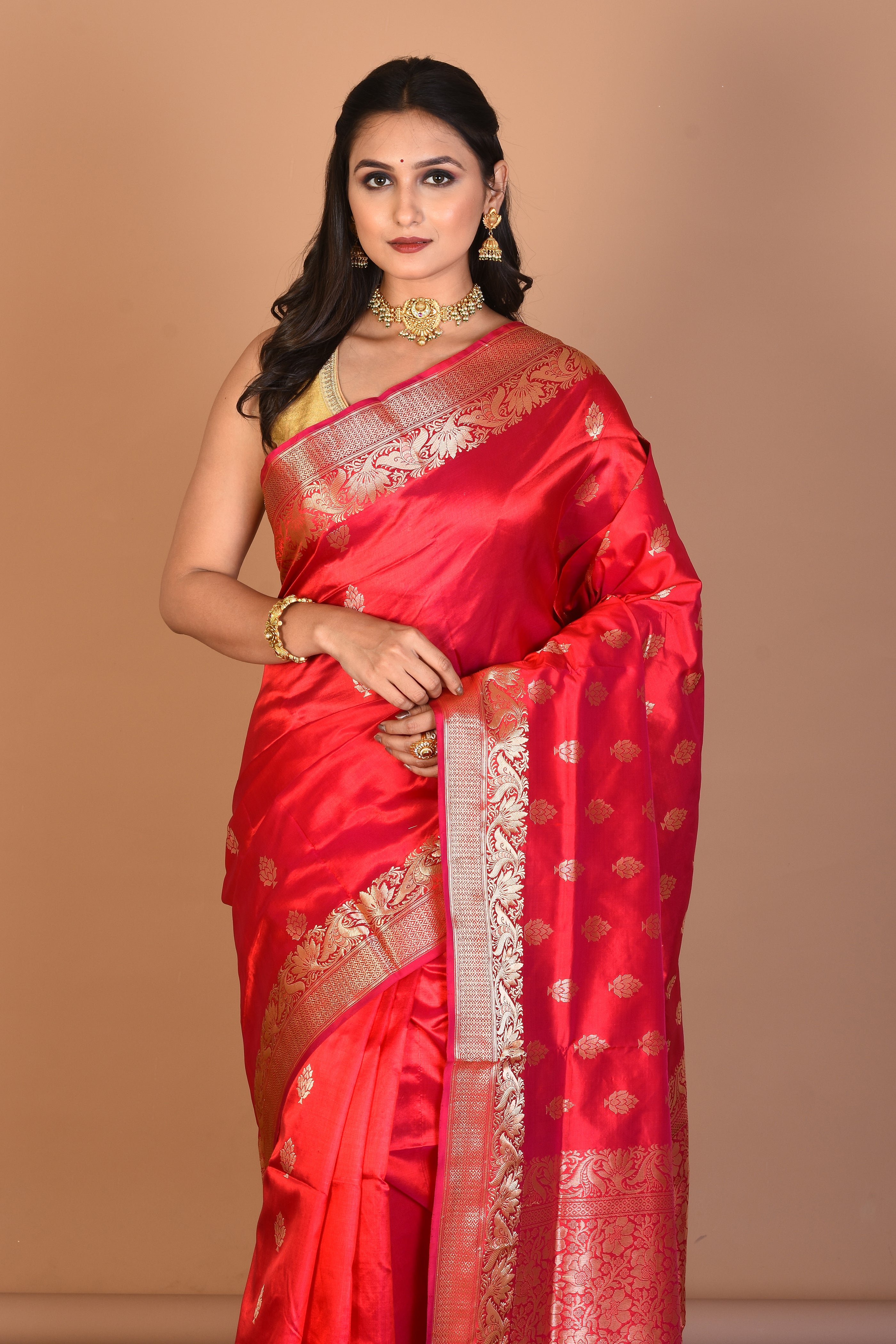 Red Pure Katan Silk Saree with Blouse Piece - Keya Seth Exclusive