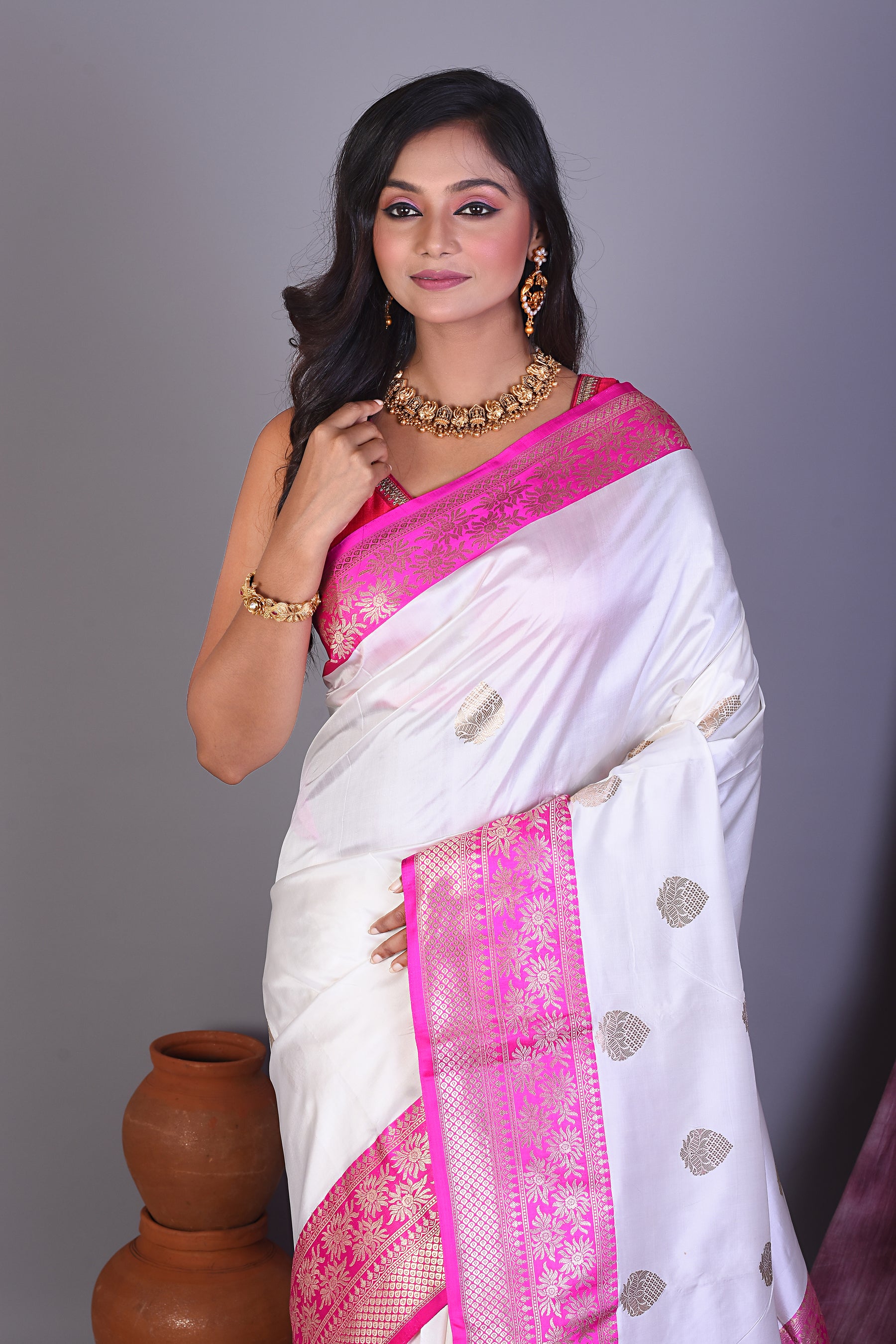 White Pure Katan Saree with Rani Borders - Keya Seth Exclusive