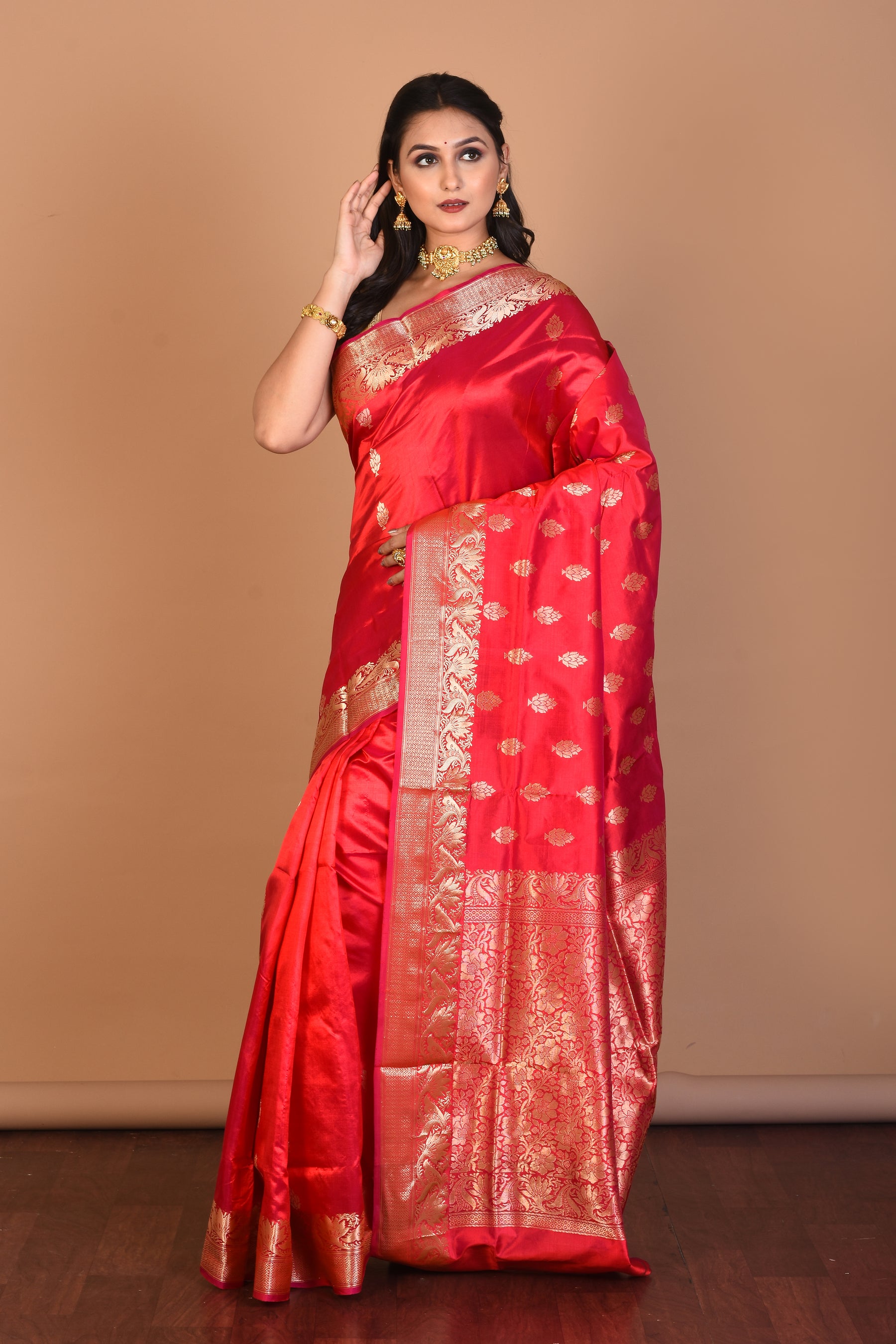 Red Pure Katan Silk Saree with Blouse Piece - Keya Seth Exclusive