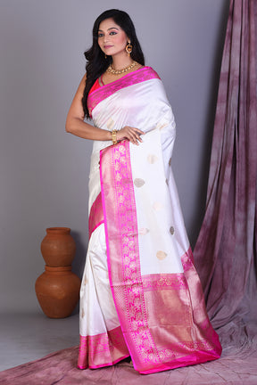 White Pure Katan Saree with Rani Borders - Keya Seth Exclusive