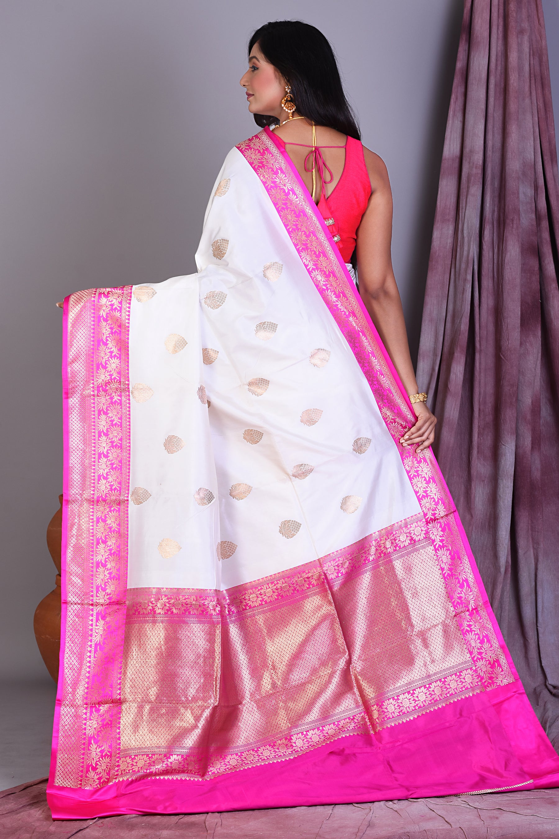 White Pure Katan Saree with Rani Borders - Keya Seth Exclusive