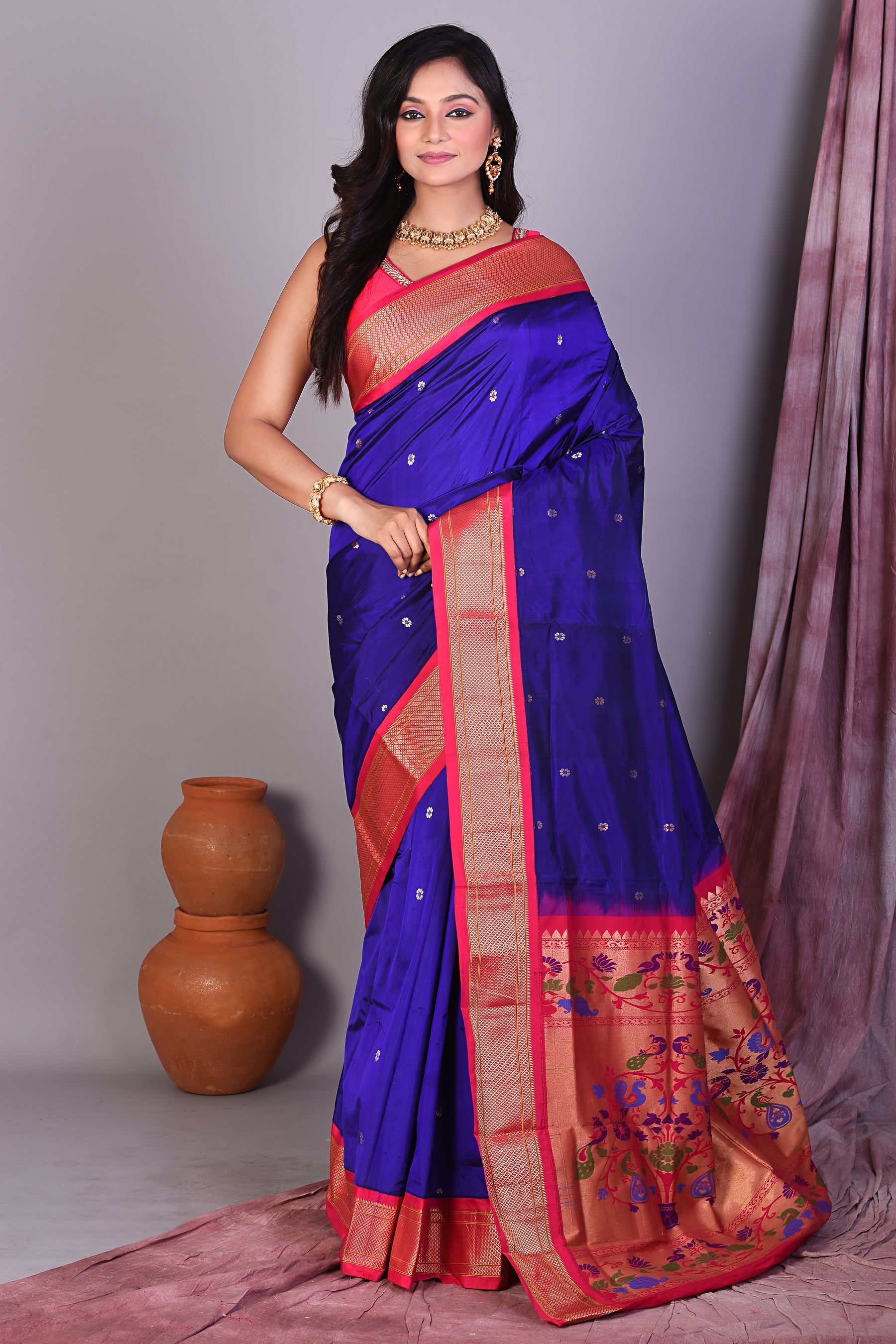 Royal Blue Blended Paithani Saree with Zari Work - Keya Seth Exclusive