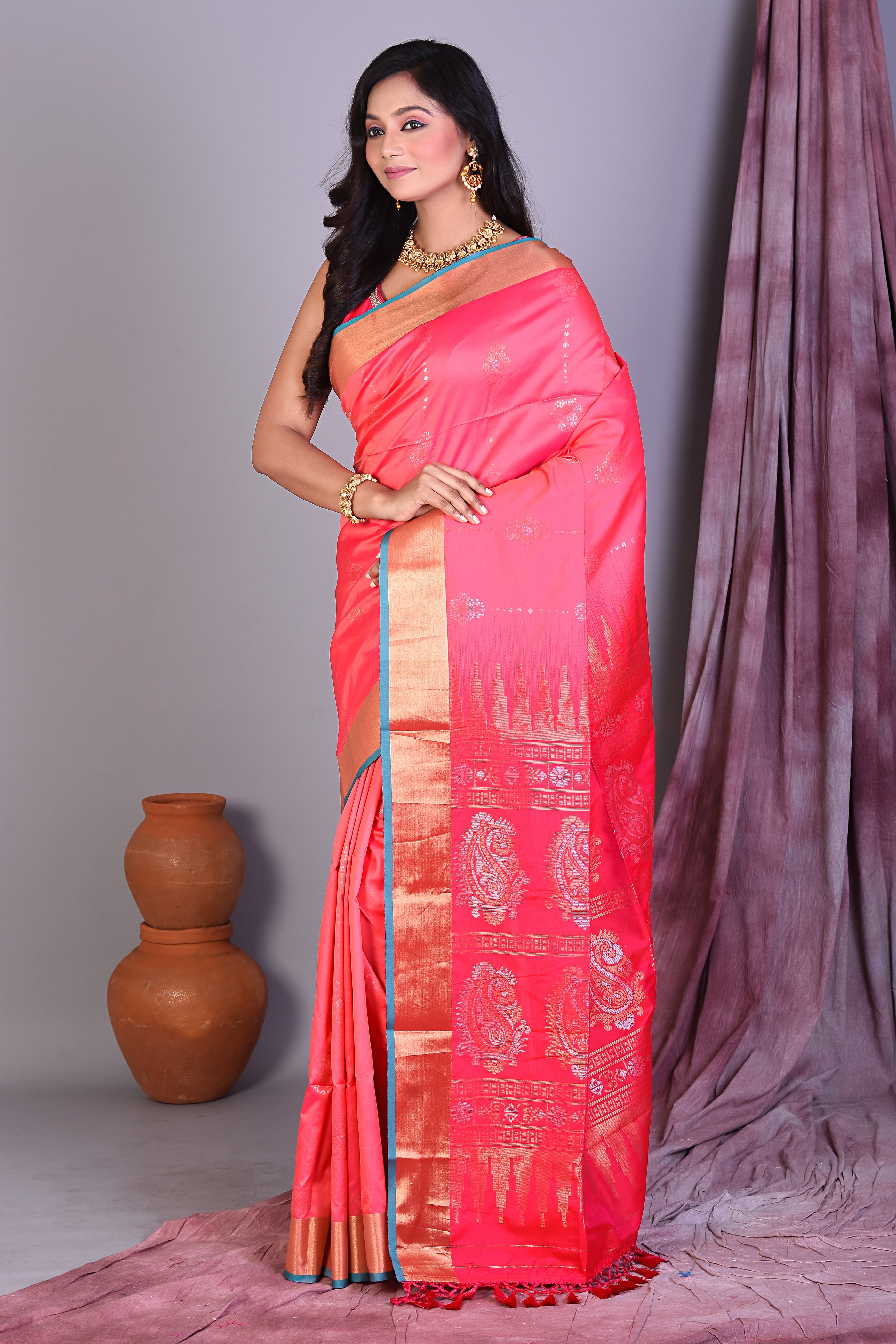 Pink Blended Silk Saree with Golden Zari - Keya Seth Exclusive