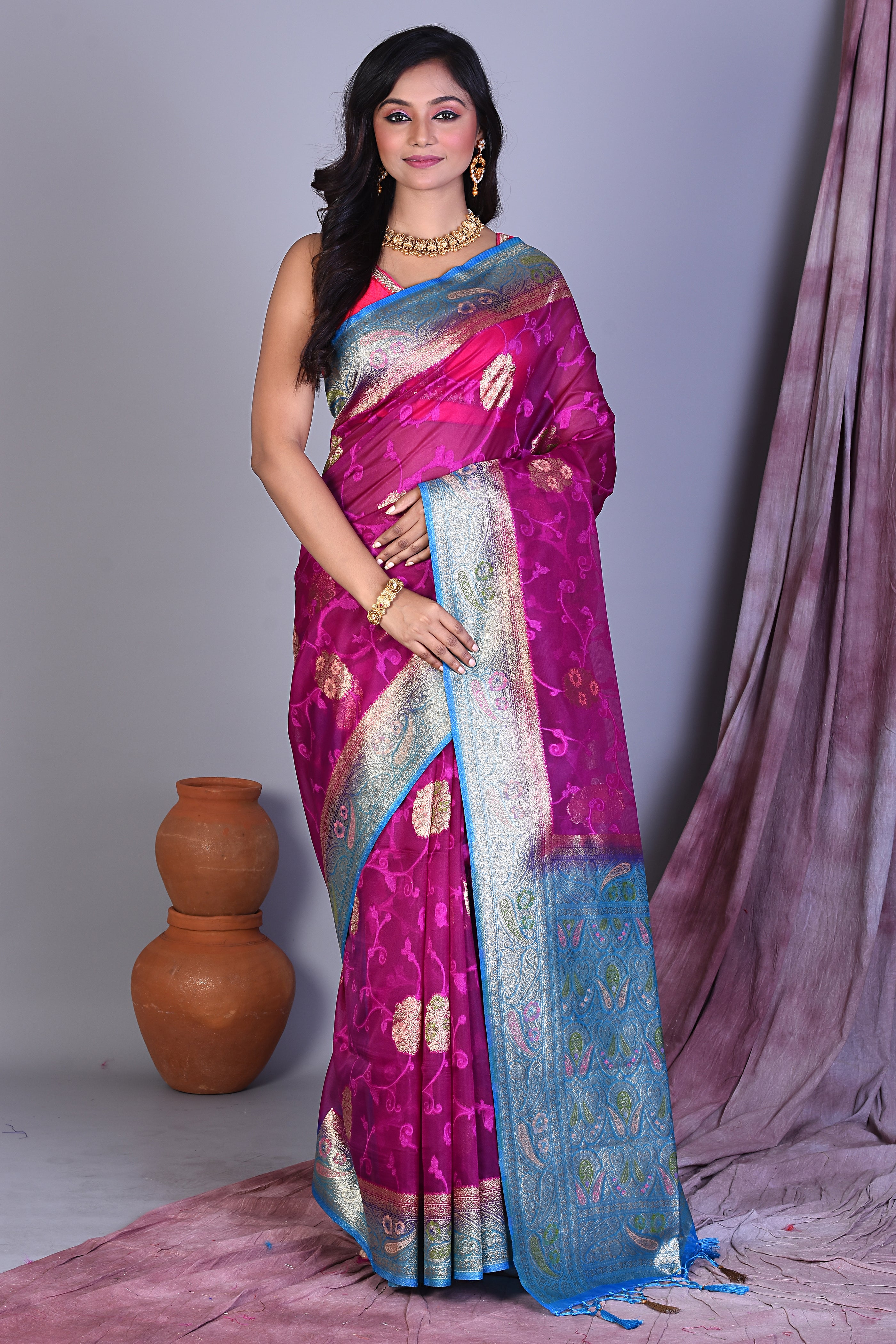 Pink Blended Organza Saree with Blue Borders - Keya Seth Exclusive