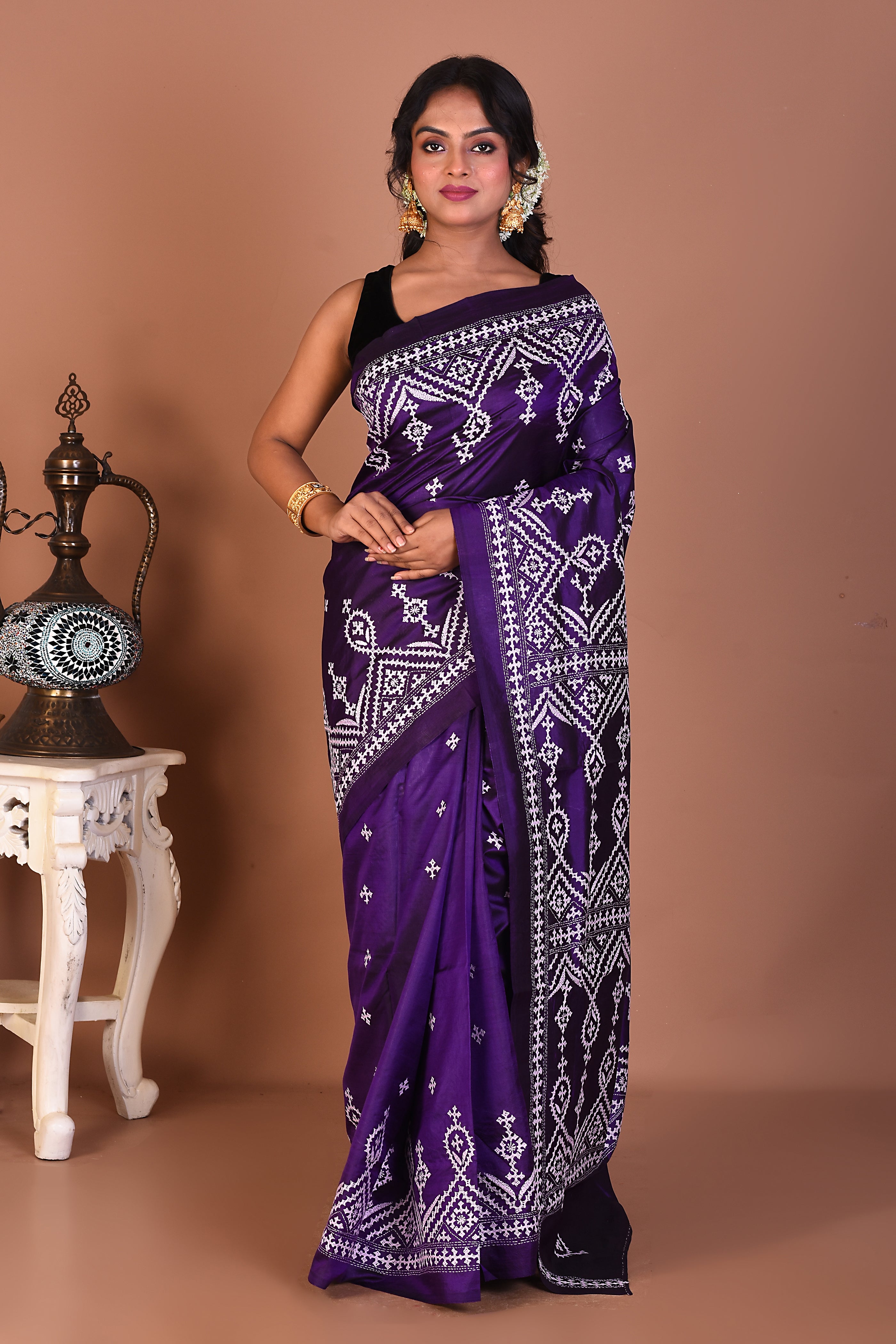 Purple Pure Katha Stitch Saree - Keya Seth Exclusive