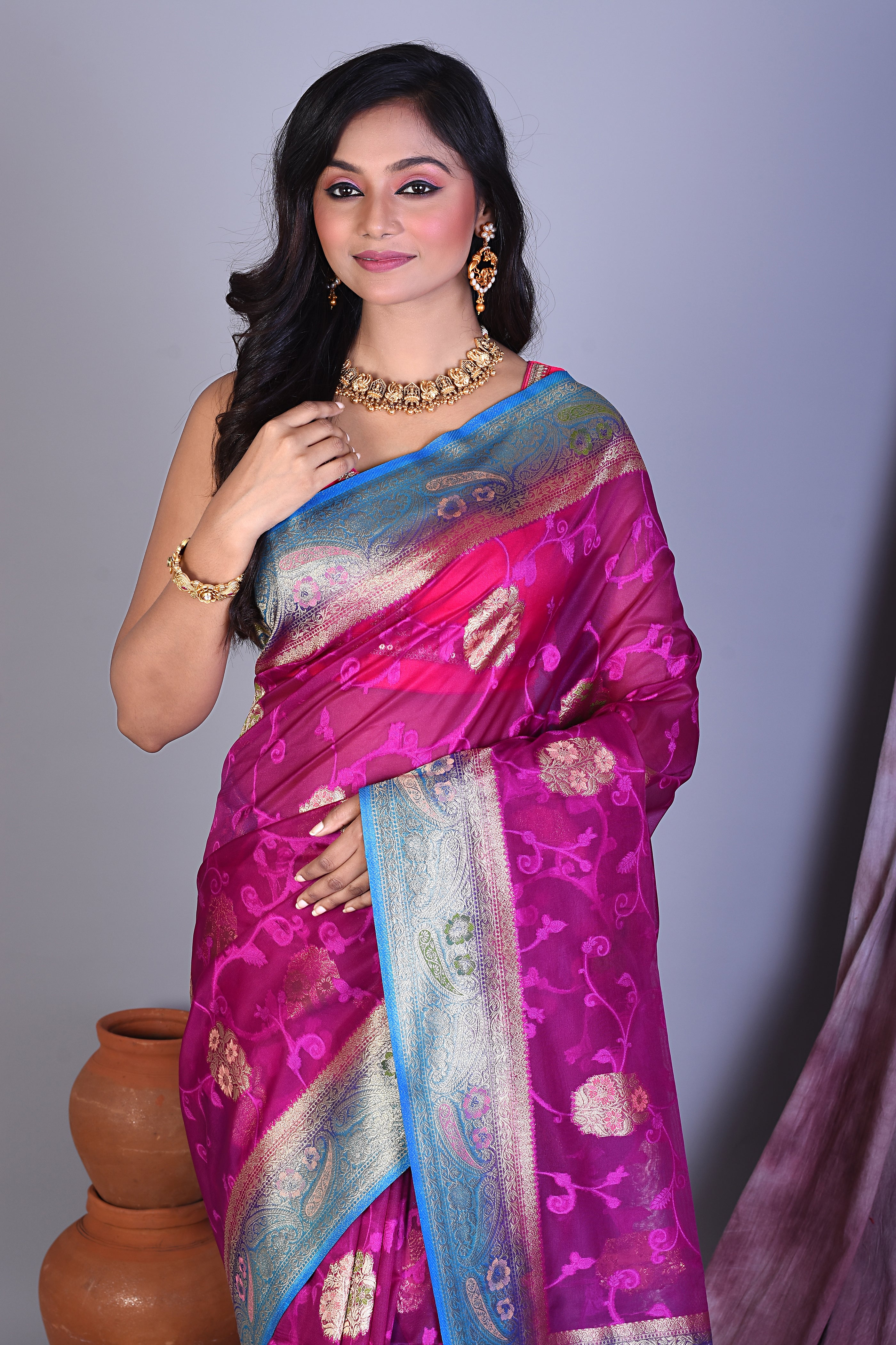 Pink Blended Organza Saree with Blue Borders - Keya Seth Exclusive