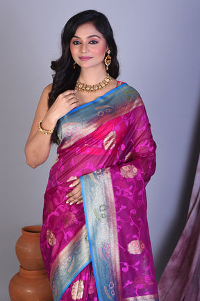 Pink Blended Organza Saree with Blue Borders - Keya Seth Exclusive