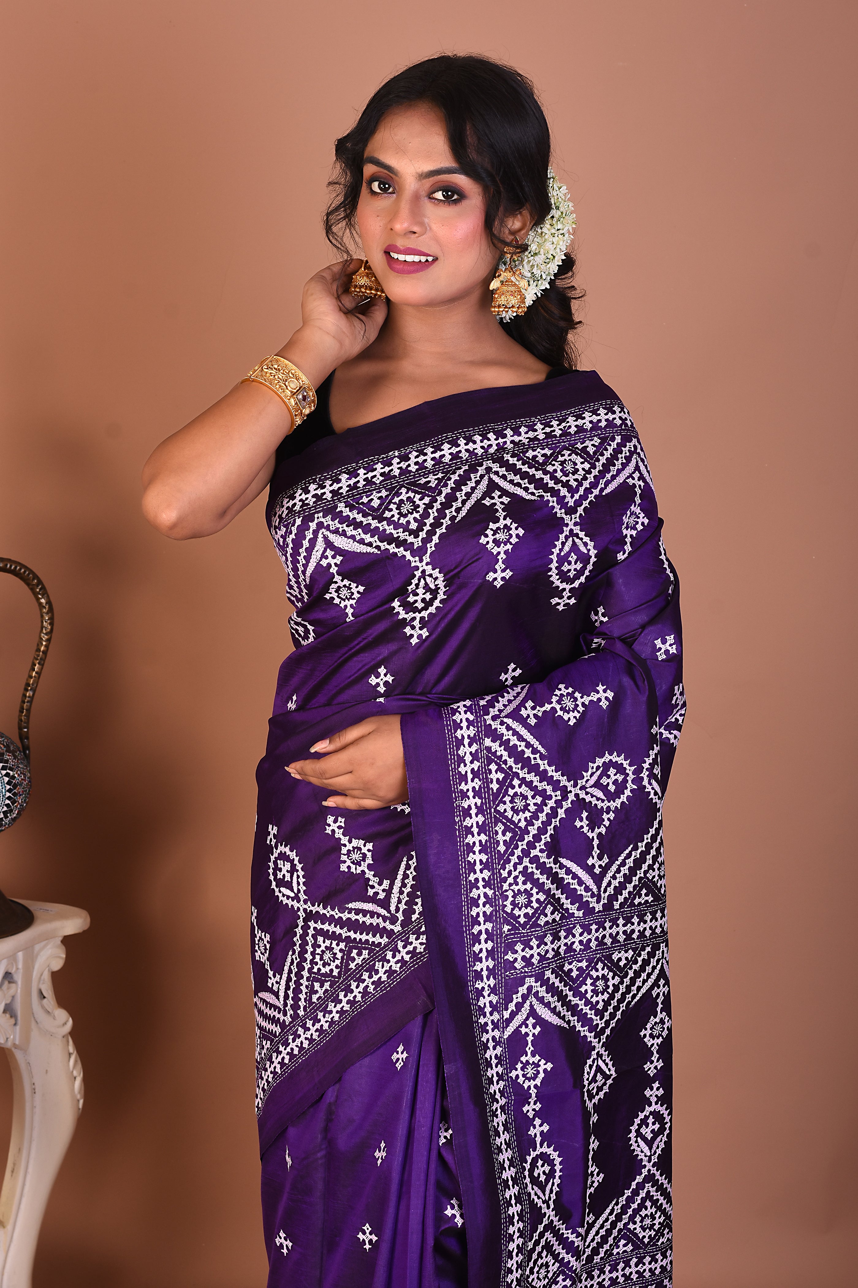 Purple Pure Katha Stitch Saree - Keya Seth Exclusive
