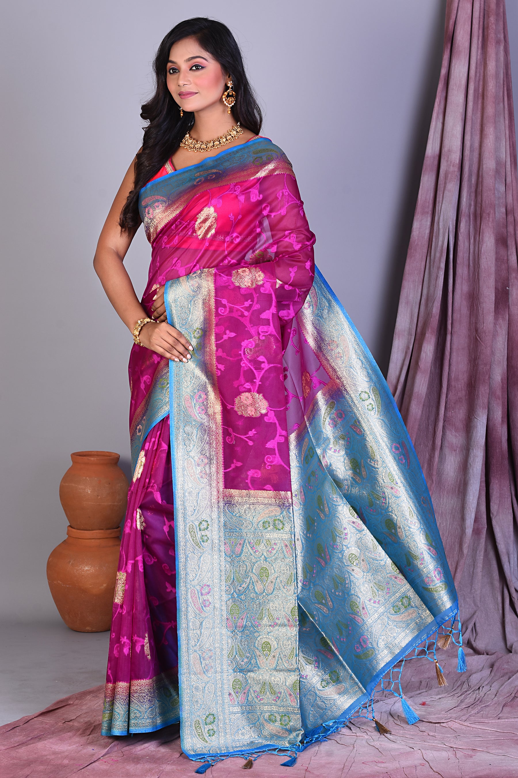 Pink Blended Organza Saree with Blue Borders - Keya Seth Exclusive