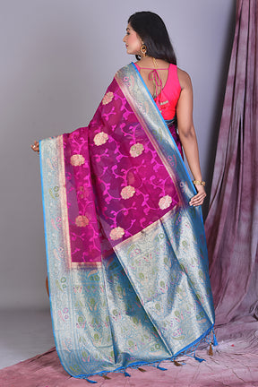 Pink Blended Organza Saree with Blue Borders - Keya Seth Exclusive