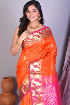 Orange Pure Kanjivaram Saree with Rani Borders - Keya Seth Exclusive