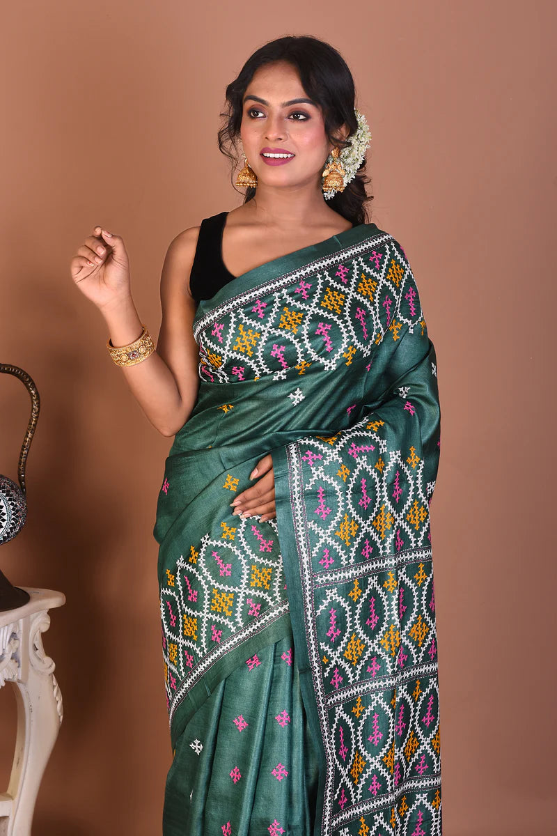 Rama Green Pure Katha Stitch Saree - Keya Seth Exclusive