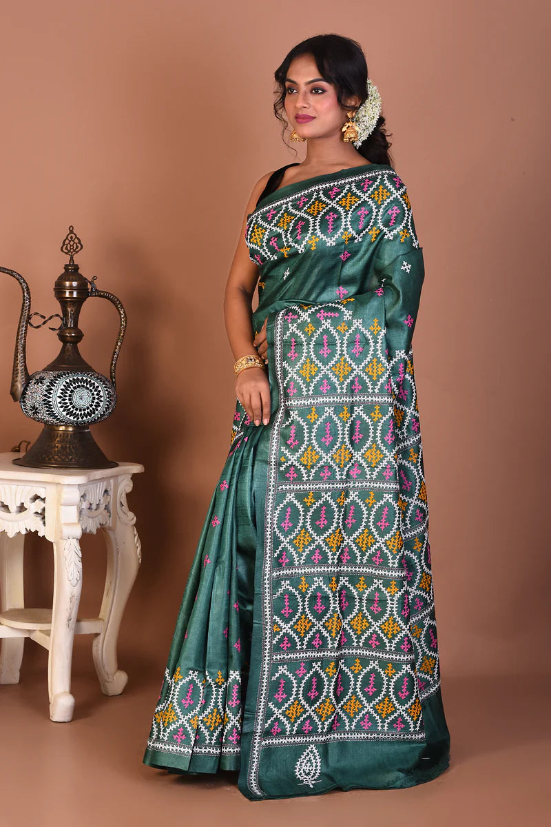 Rama Green Pure Katha Stitch Saree - Keya Seth Exclusive