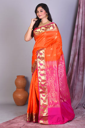 Orange Pure Kanjivaram Saree with Rani Borders - Keya Seth Exclusive