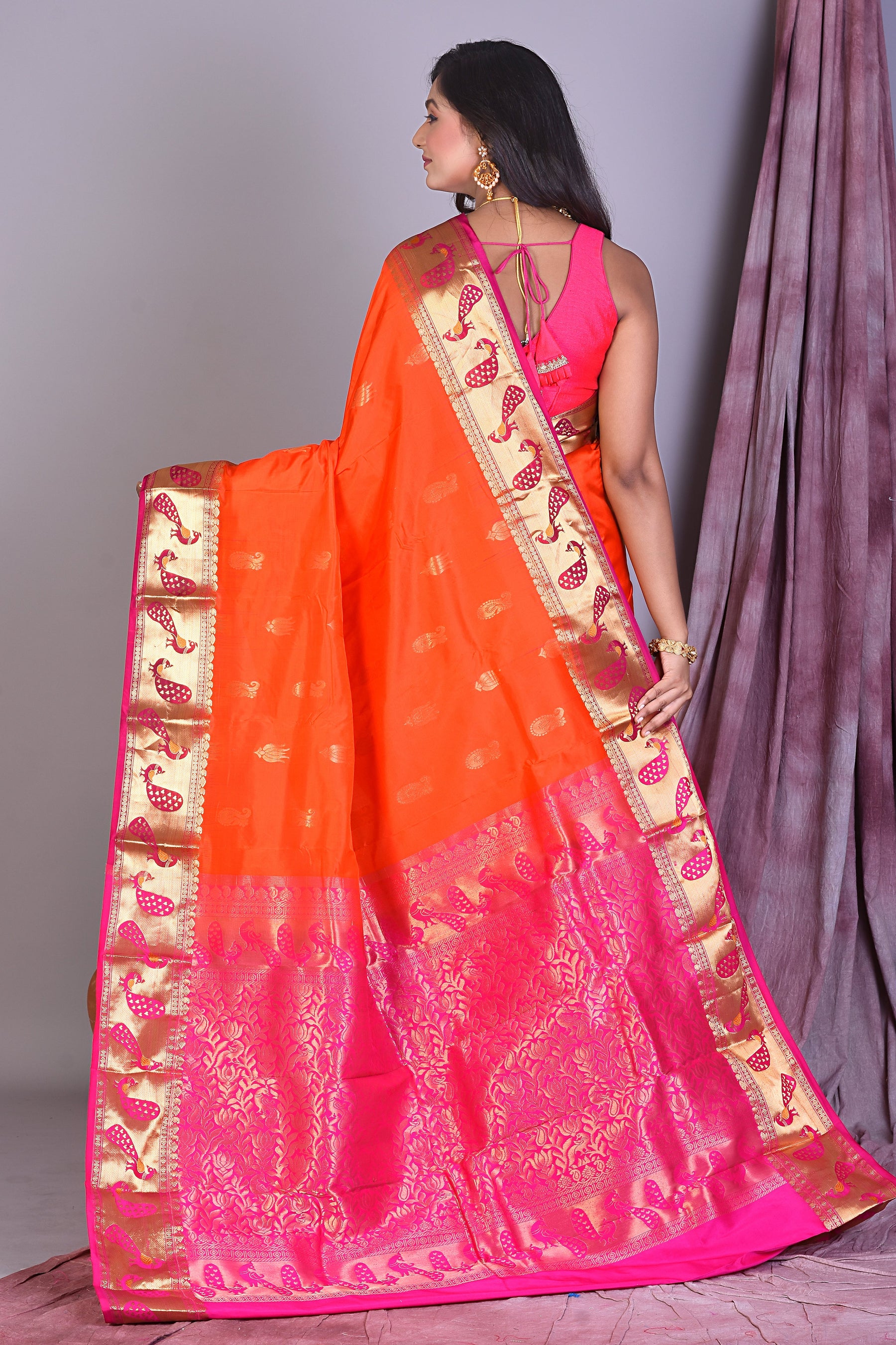 Orange Pure Kanjivaram Saree with Rani Borders - Keya Seth Exclusive