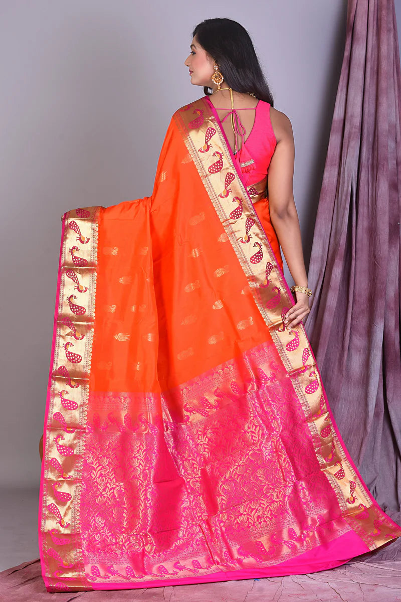 Orange Pure Kanjivaram Saree with Rani Borders - Keya Seth Exclusive