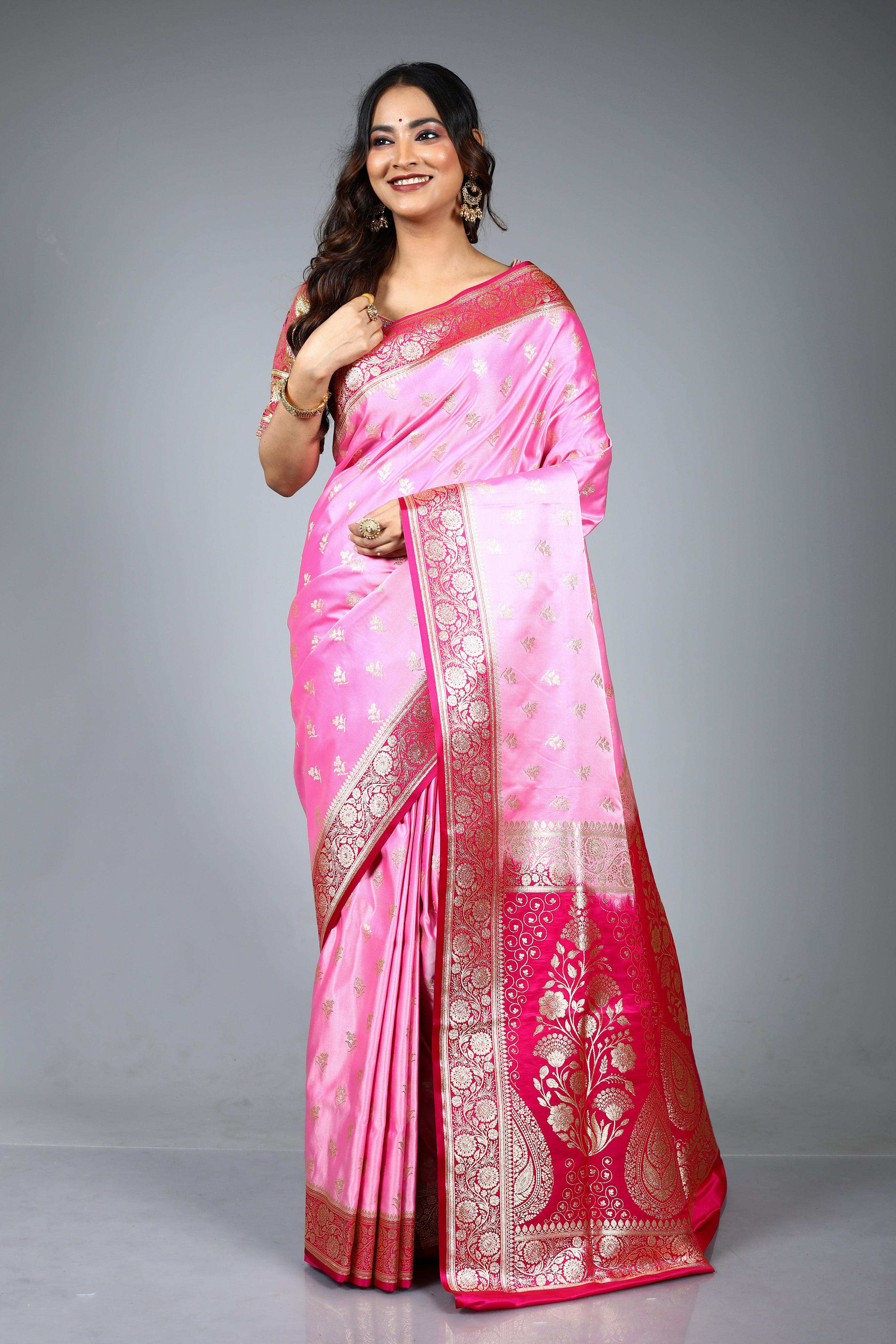Pink Blended Satin Banarasi Saree