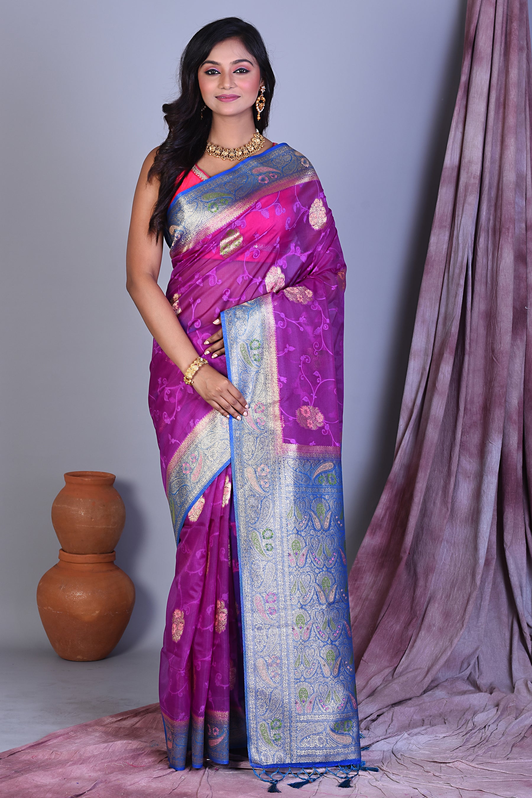 Purple Blended Organza Saree with Blue Borders - Keya Seth Exclusive