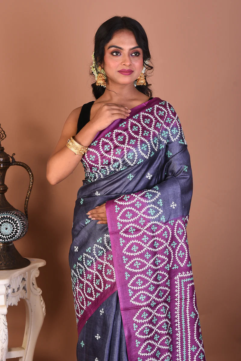 Grey Pure Katha Stitch Saree - Keya Seth Exclusive