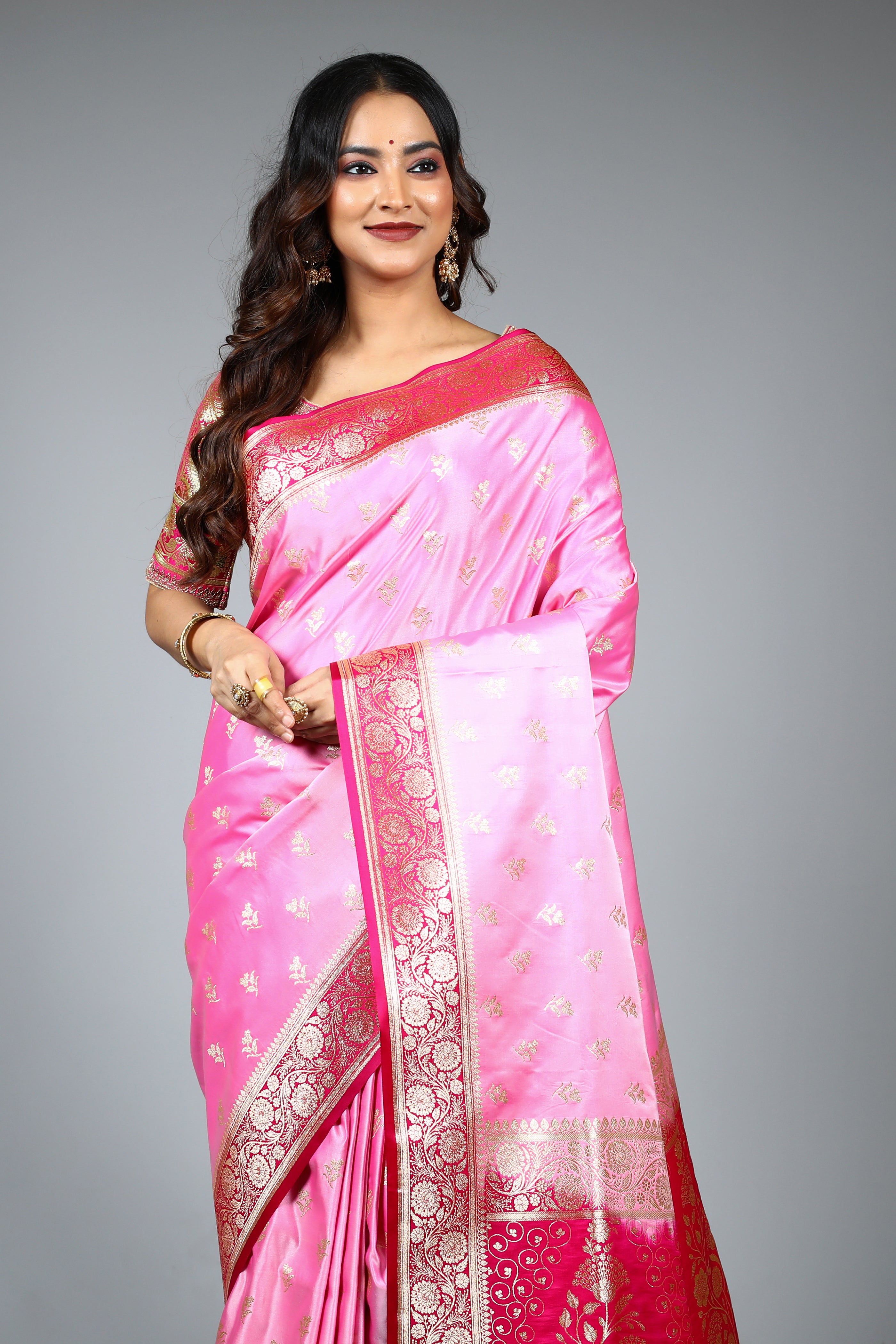 Pink Blended Satin Banarasi Saree