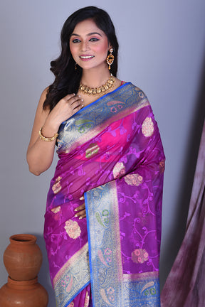 Purple Blended Organza Saree with Blue Borders - Keya Seth Exclusive