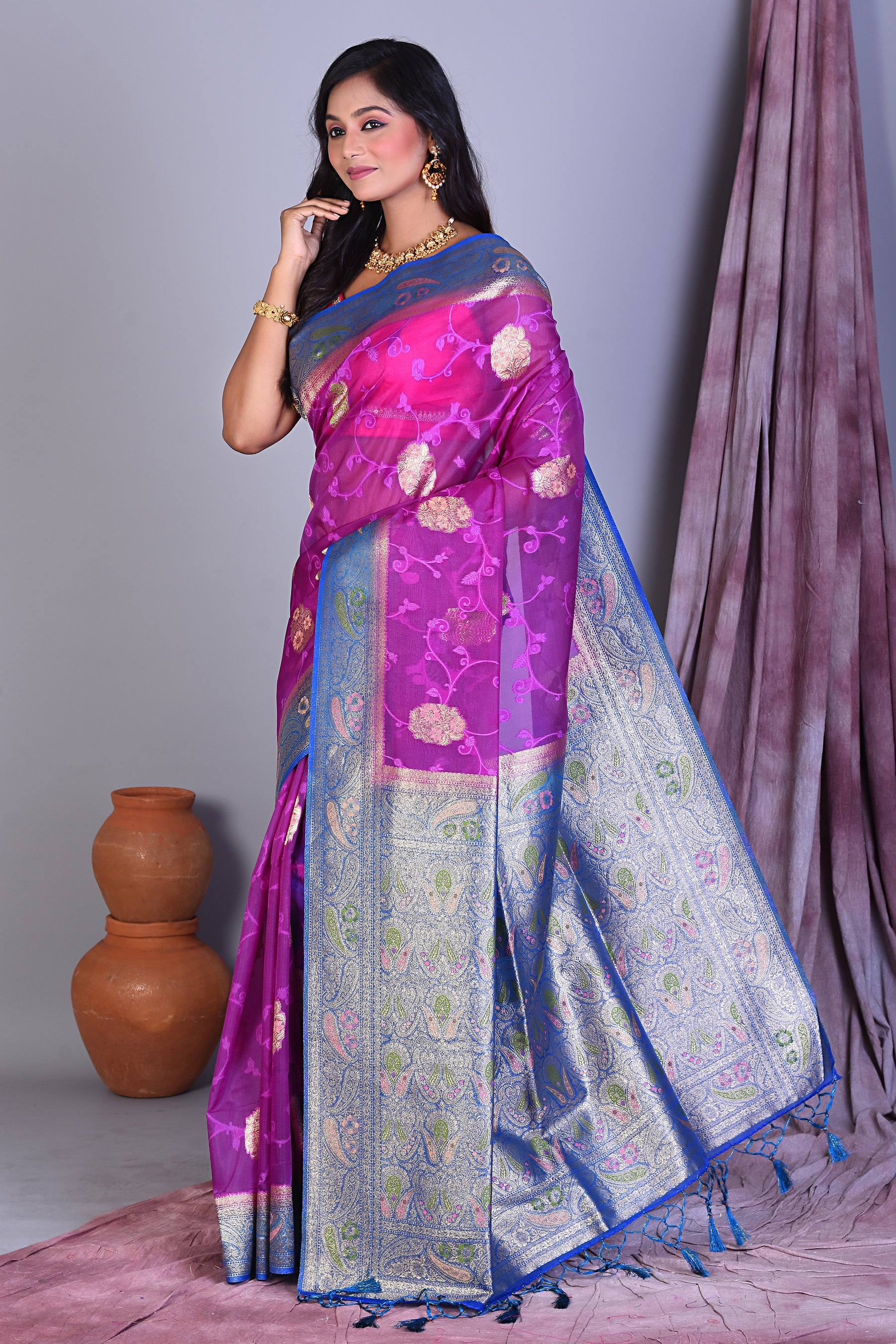 Purple Blended Organza Saree with Blue Borders - Keya Seth Exclusive