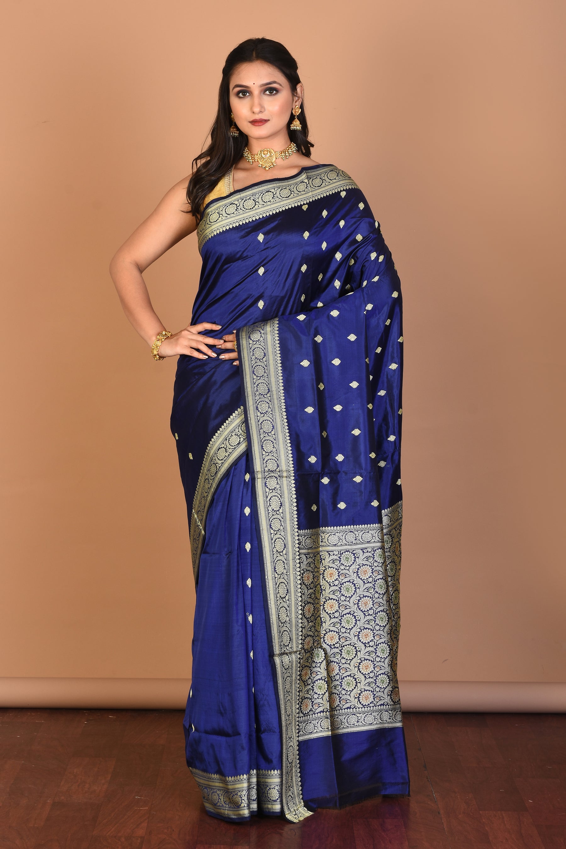 Navy Blue Pure Katan Silk Saree with Blouse Piece - Keya Seth Exclusive