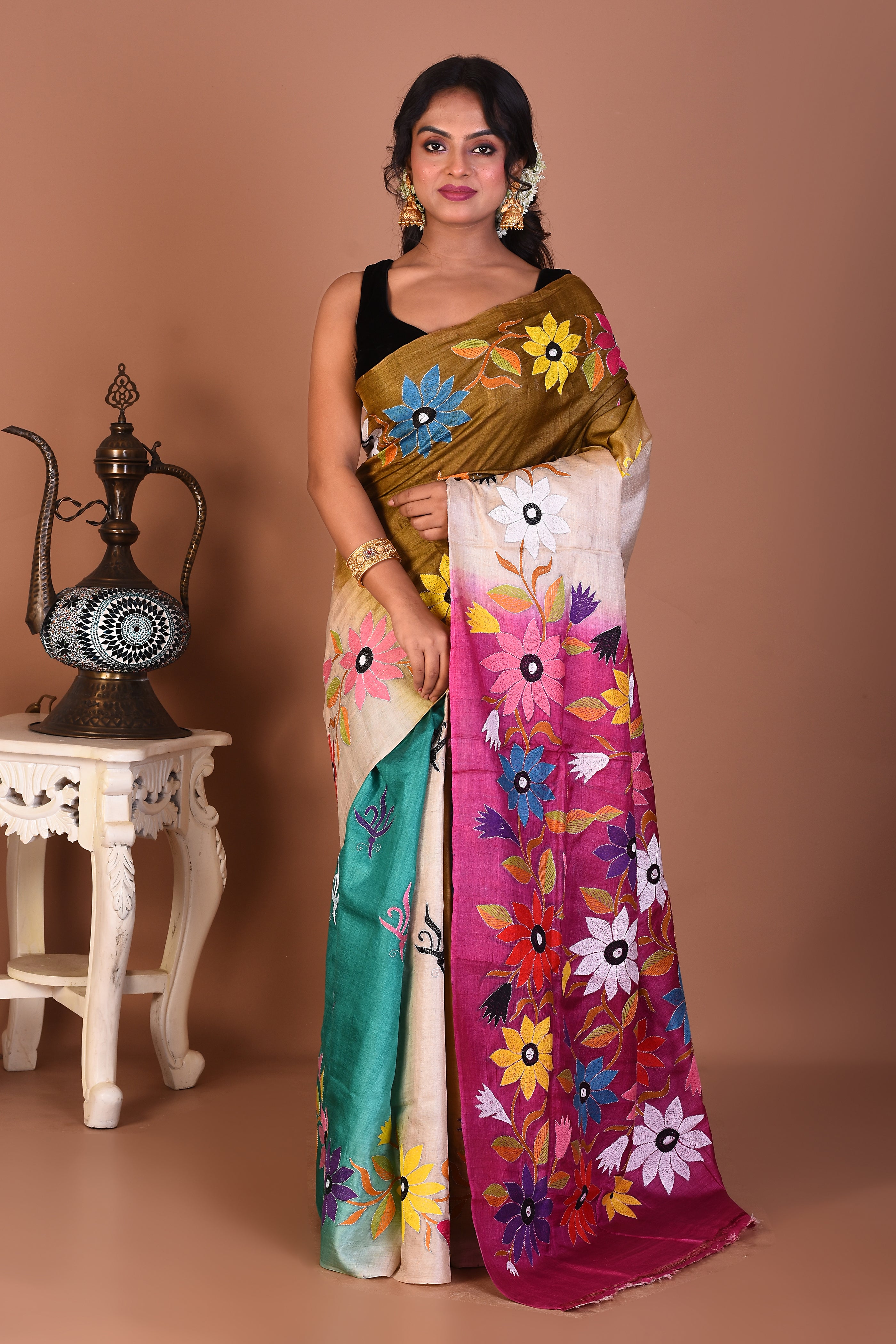Multicolored Pure Katha Stitch Saree - Keya Seth Exclusive