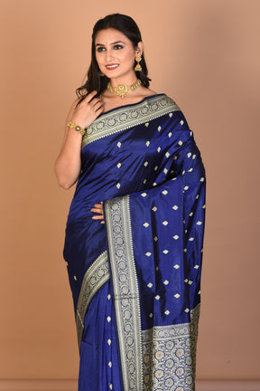 Navy Blue Pure Katan Silk Saree with Blouse Piece - Keya Seth Exclusive