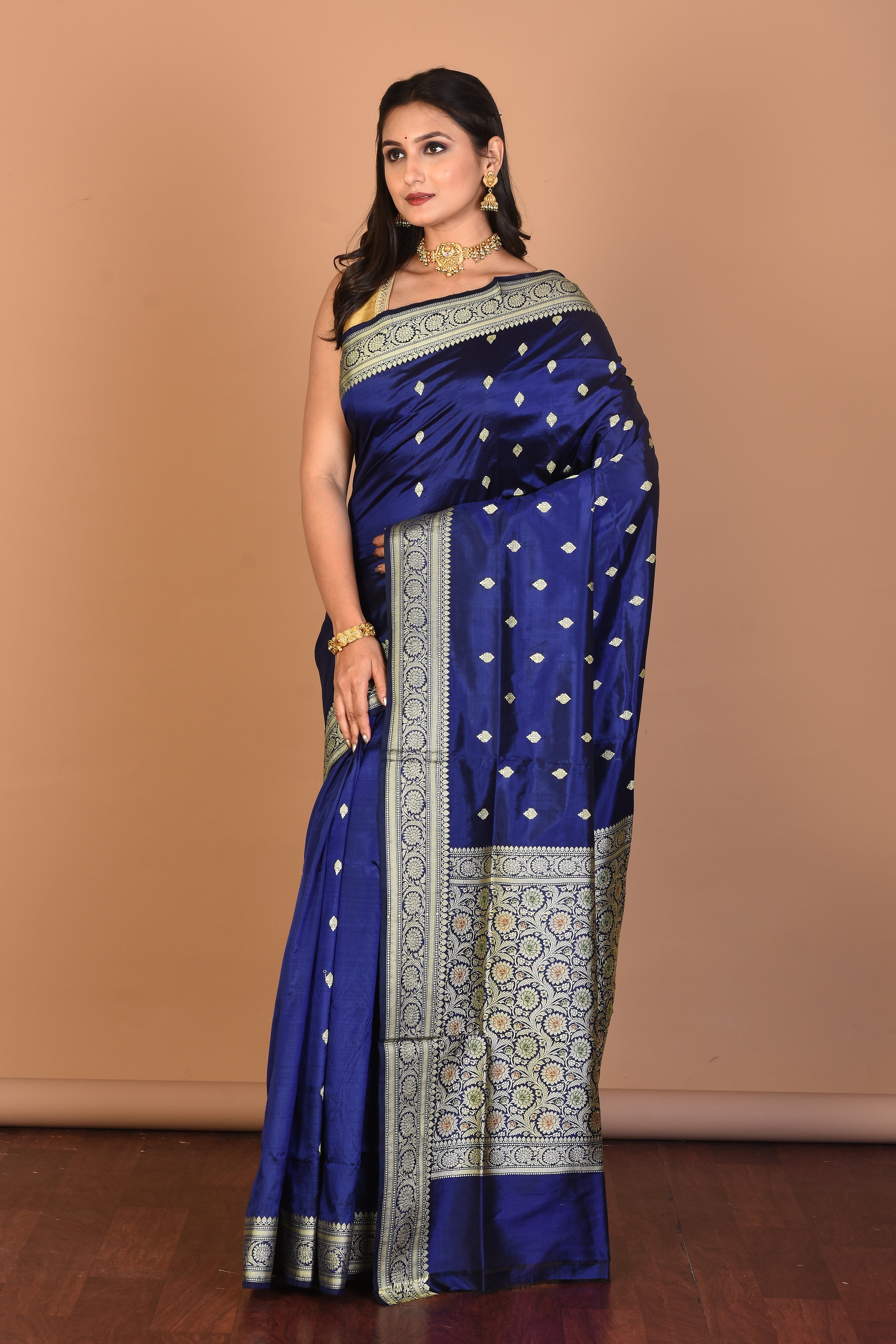 Navy Blue Pure Katan Silk Saree with Blouse Piece - Keya Seth Exclusive