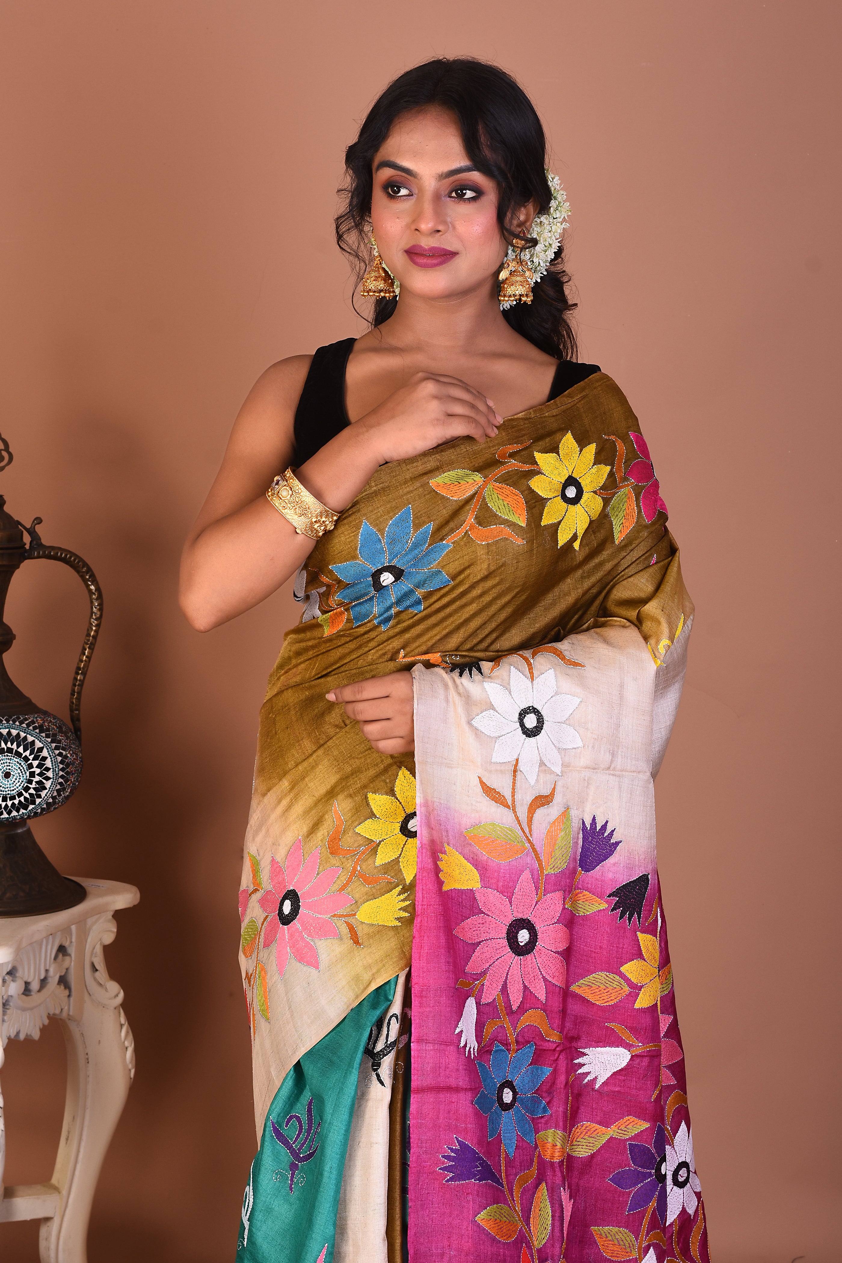 Multicolored Pure Katha Stitch Saree - Keya Seth Exclusive