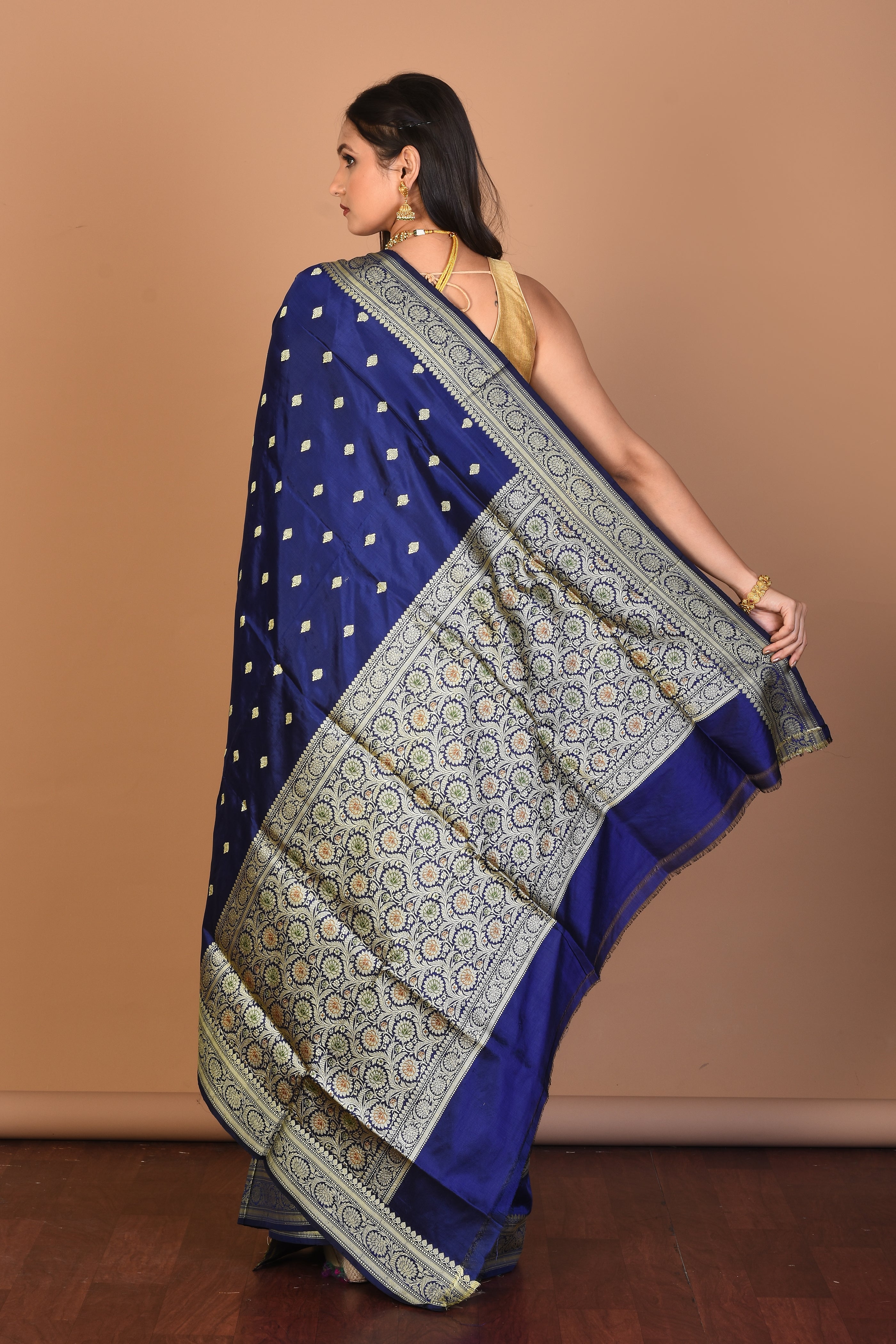 Navy Blue Pure Katan Silk Saree with Blouse Piece - Keya Seth Exclusive