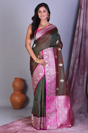 Wine Dual Tone Pure Katan Saree with Rani Borders - Keya Seth Exclusive