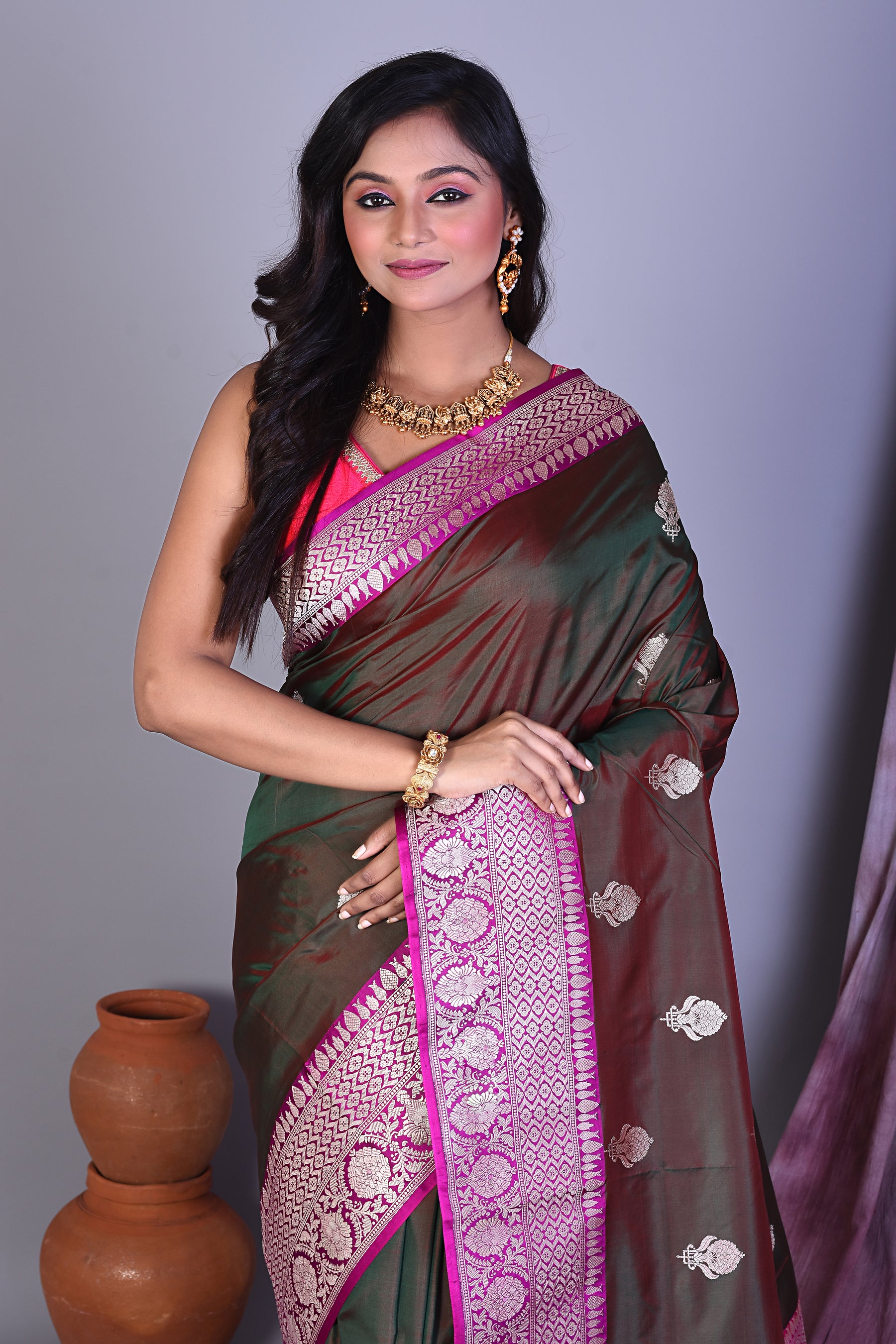 Wine Dual Tone Pure Katan Saree with Rani Borders - Keya Seth Exclusive