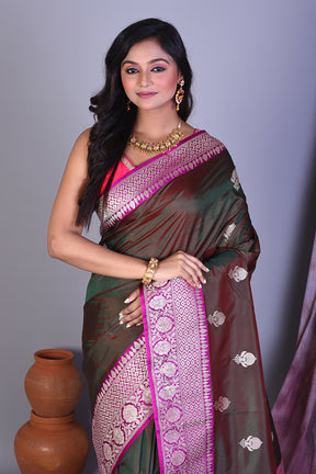 Wine Dual Tone Pure Katan Saree with Rani Borders - Keya Seth Exclusive