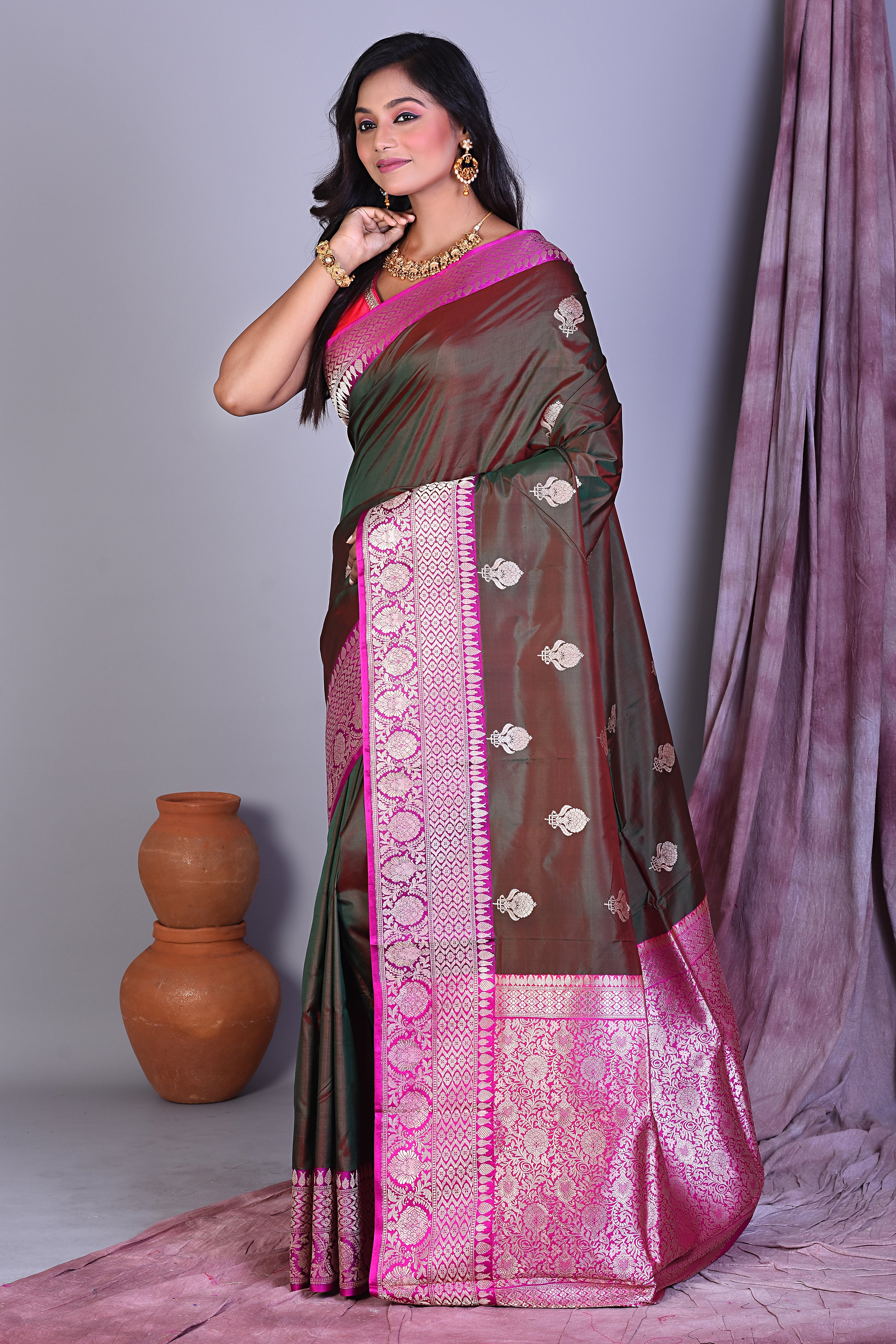 Wine Dual Tone Pure Katan Saree with Rani Borders - Keya Seth Exclusive